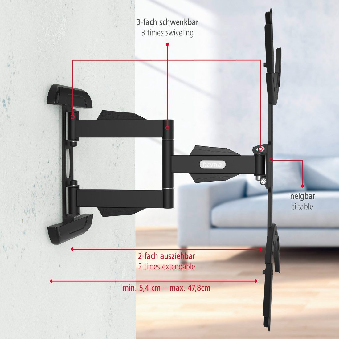 Hama TV-Wandhalterung Halterung, schwenkbar, neigbar, ausziehbar von 94 - 191 cm (37" - 75), (bis 75 Zoll, max. 45 kg, 43", 50", 55", 65) – Bild 4 von 5