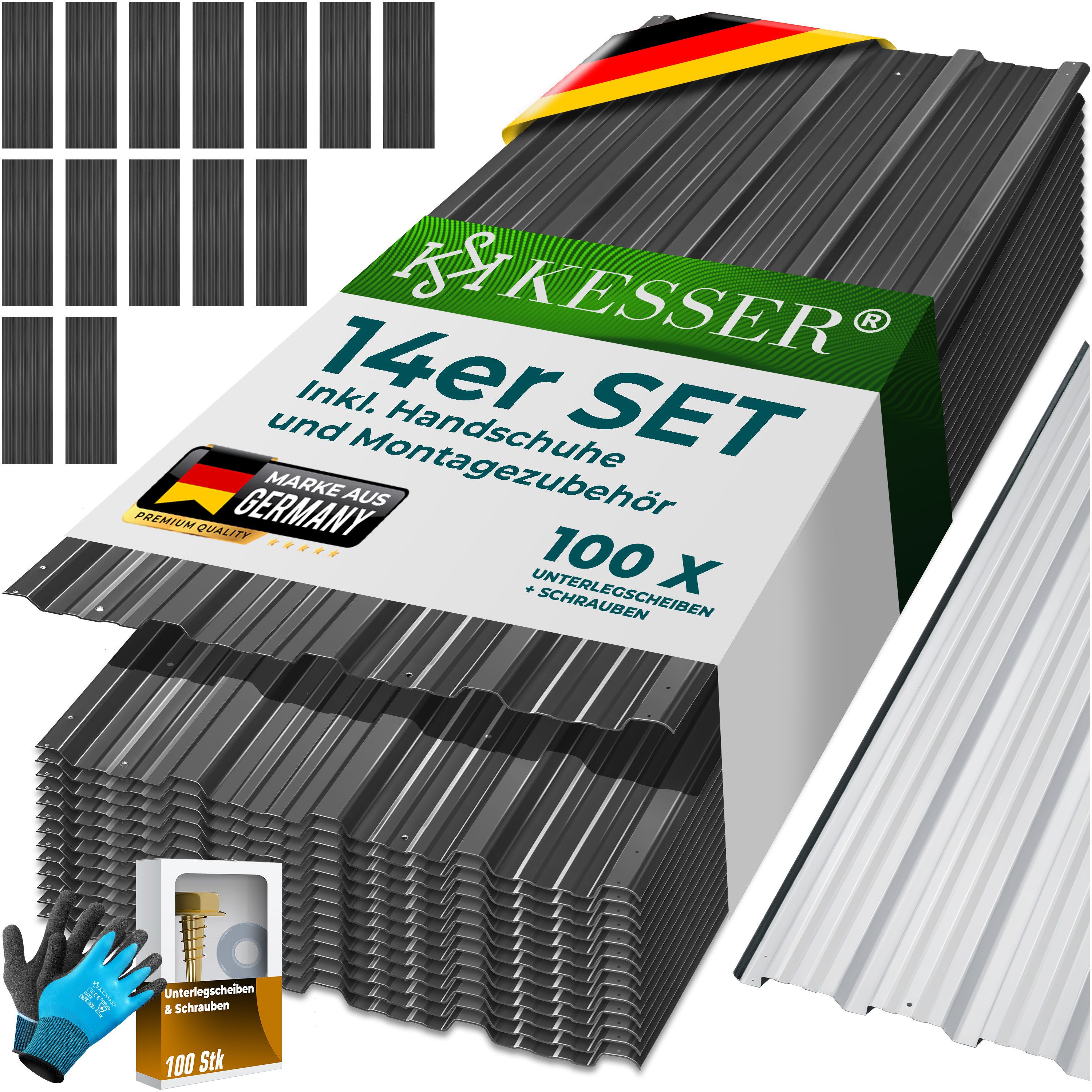 KESSER Trapezblech 14x Profilblech 110cm x 46cm = 7 m², Metall, (14er Set Dachbleche für Gerätehaus inklusive Montagehandschuhe) Dachplatten aus verzinktem Stahl 0,25mm