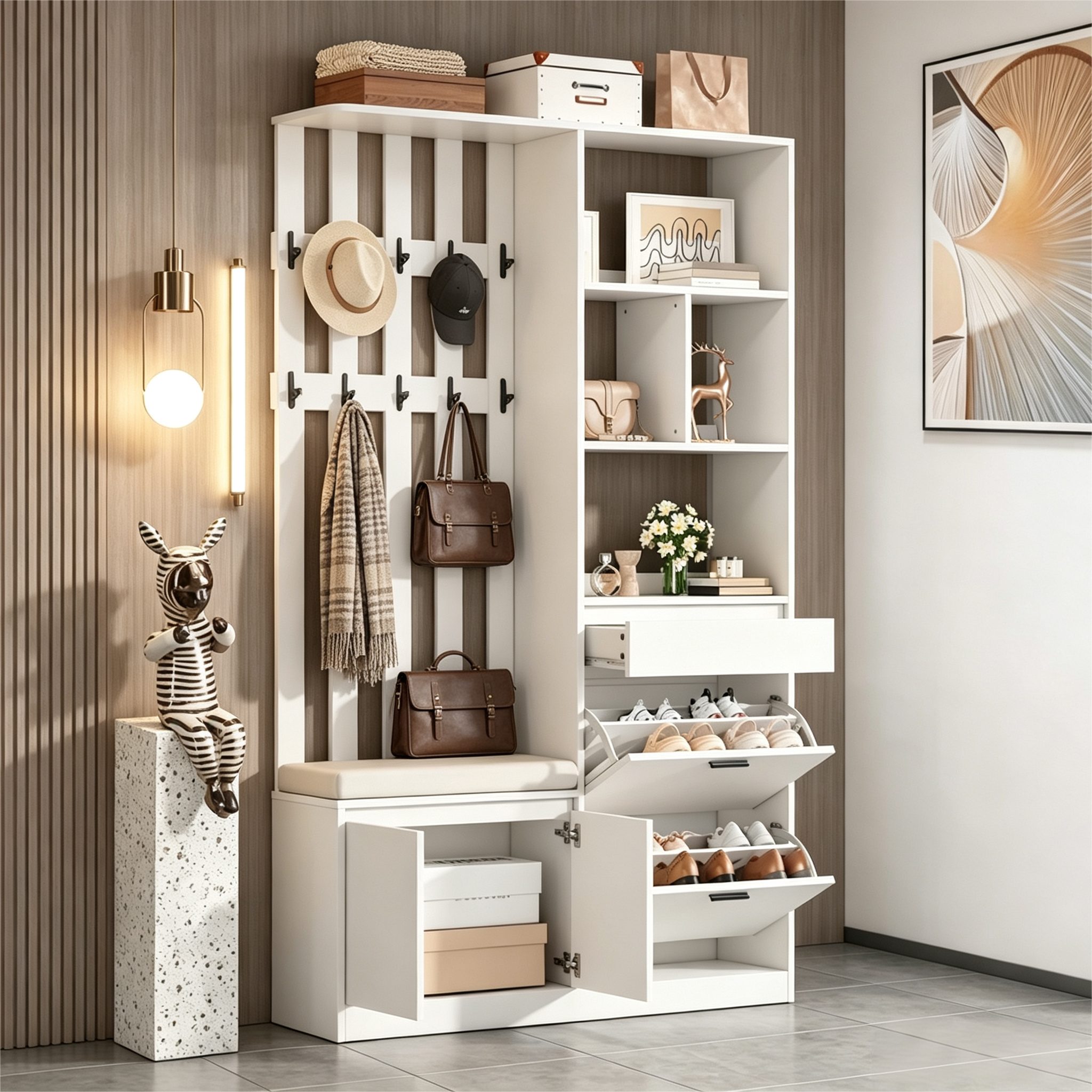 Merax Garderobenschrank mit Sitzbank, 2 Schuhklappen, Schublade, 2 Türen und 10 Haken (1-St) Flurgarderobe Garderobe für Eingangsbereich, 120x30x200cm – Bild 2 von 5