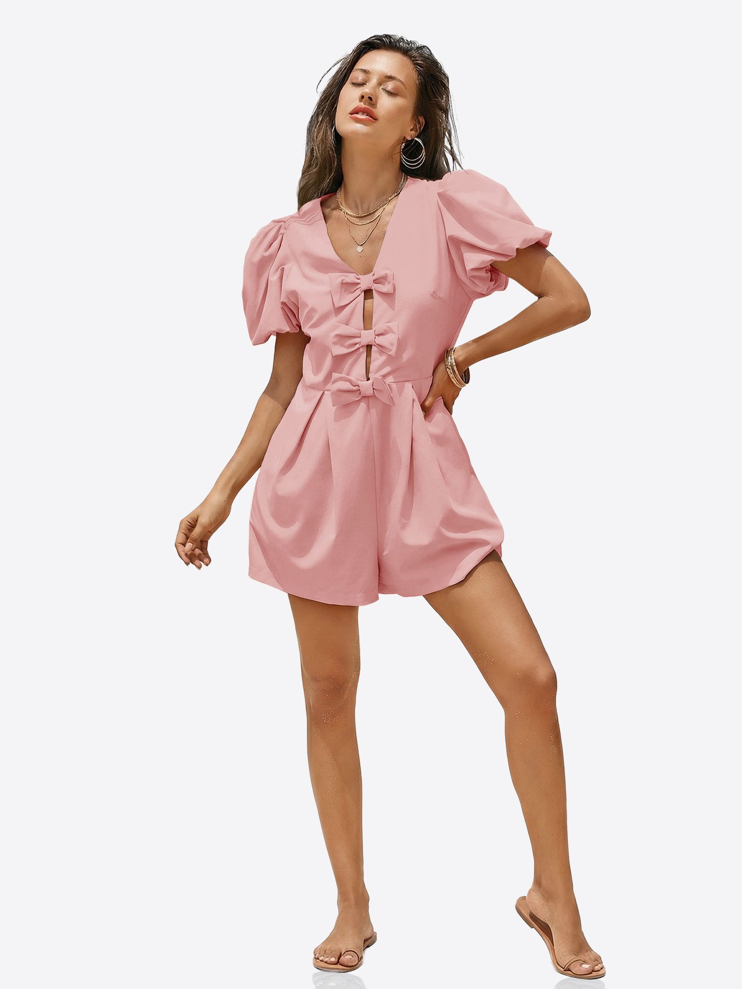 Imily Bela Strampler Damen Jumpsuits mit Schleife vorne und Puffärmeln (Packung, 1-tlg., 1per-Pack) einfarbig – Bild 4 von 5