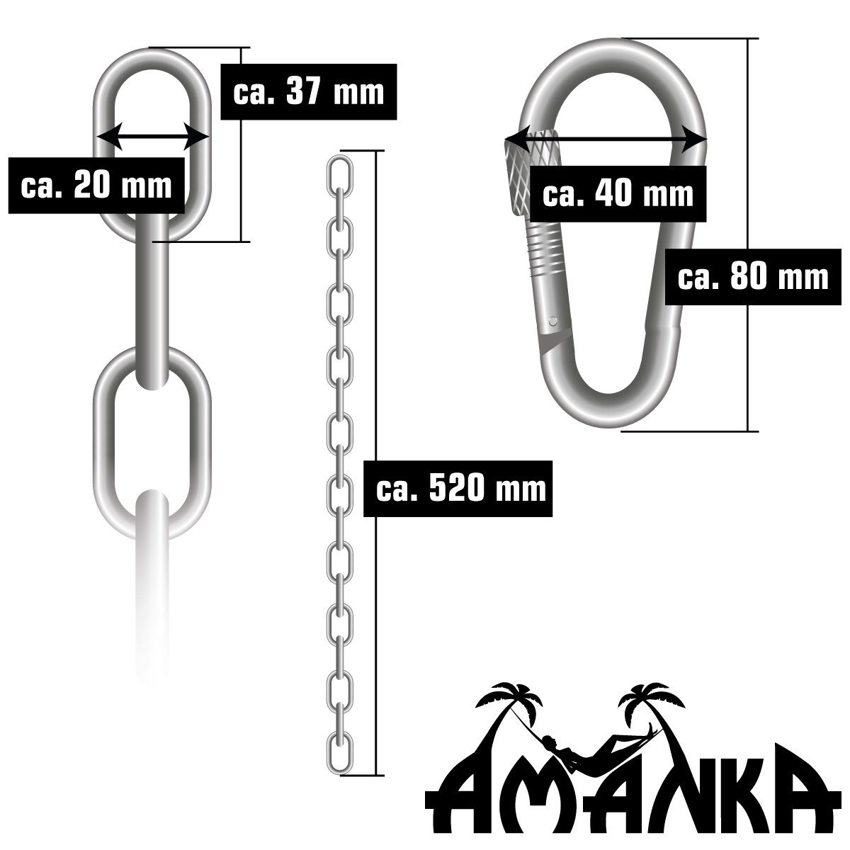 AMANKA Hängesessel Aufhängung - 2 x 50 cm Schwerlast Kette mit Karabinern bis 230 kg, Befestigungsset Hängematte - Schaukelbefestigung - Verlängerungskette – Bild 5 von 5