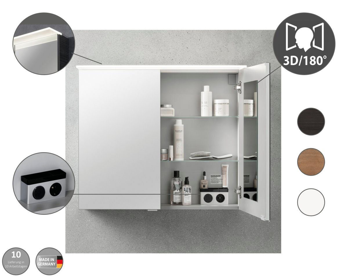 FACKELMANN Spiegelschrank PE 80 - Dark-Oak Badmöbel Breite 80 cm, 2 Türen, doppelseitig verspiegelt
