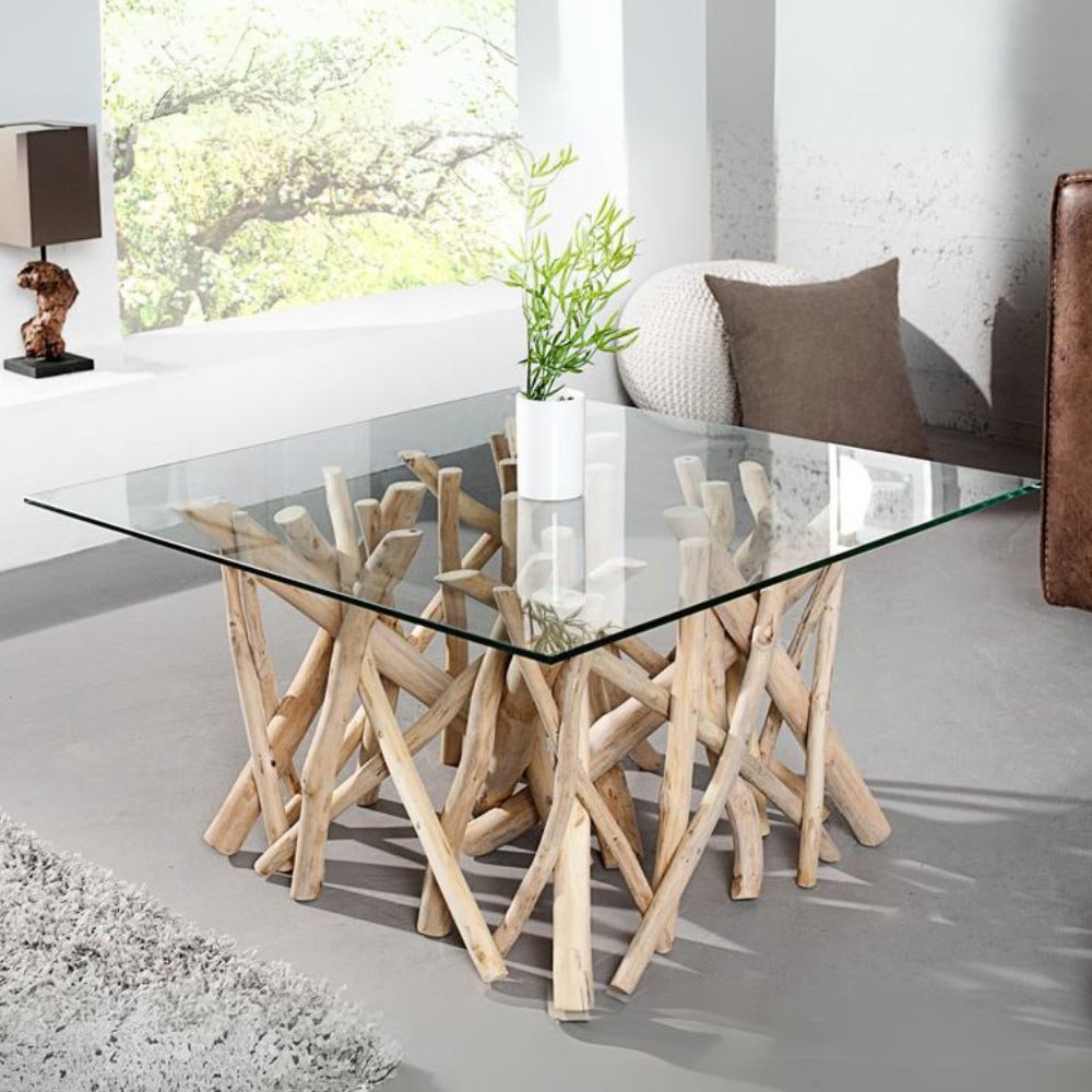 LebensWohnArt Couchtisch Teakholz Couchtisch DRIFT 80x80cm (oder kleiner) Glasplatte Natural