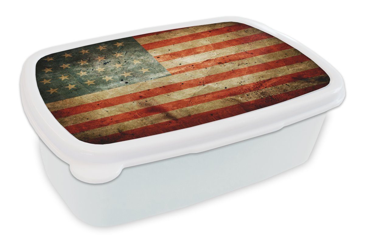 MuchoWow Lunchbox Flagge - Vintage - USA, Kunststoff, (2-tlg), Brotbox für Kinder und Erwachsene, Brotdose, für Jungs und Mädchen weiß