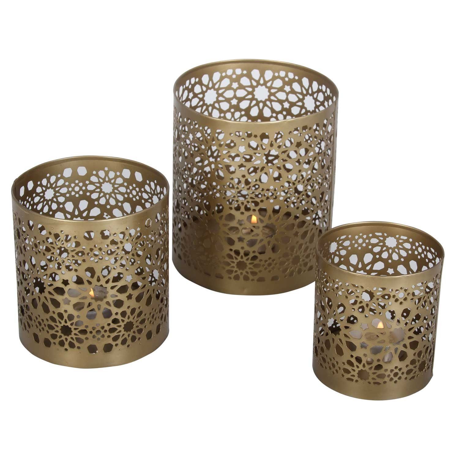 Casa Moro Teelichthalter 3er (3 Gold 3er Kerzenhalter Weihnachten rund Windlicht Navin St., Set), Antik Look Teelichthalter WLS505 Deko, in Orientalisches Set