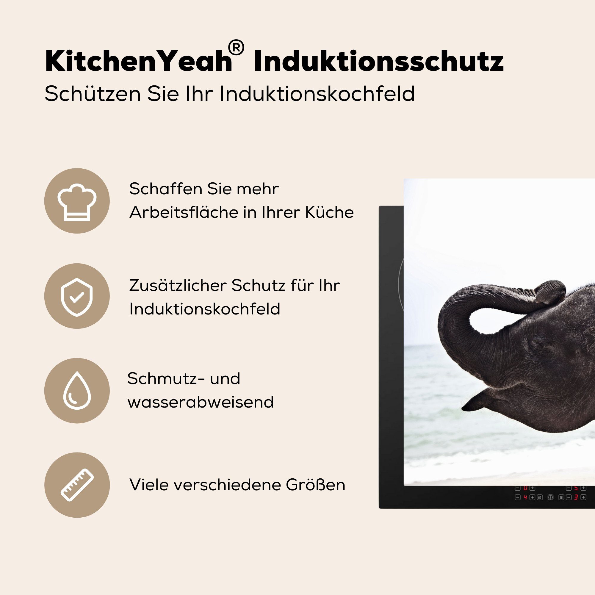 MuchoWow Herdblende-/Abdeckplatte Elefant - Induktionskochfeld (1 die tlg), - Kind 81x52 für Vinyl, Ceranfeldabdeckung küche, Schutz cm, Wasser