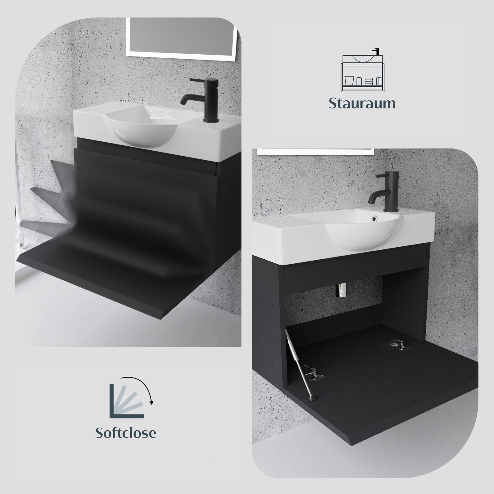Alpenberger Waschtisch Gäste WC Waschbecken mit Unterschrank Klein, Waschplatz 55 cm hängend (Gäste WC Möbel Vormontiert, Waschtisch mit Unterschrank mit Softcl – Bild 4 von 5