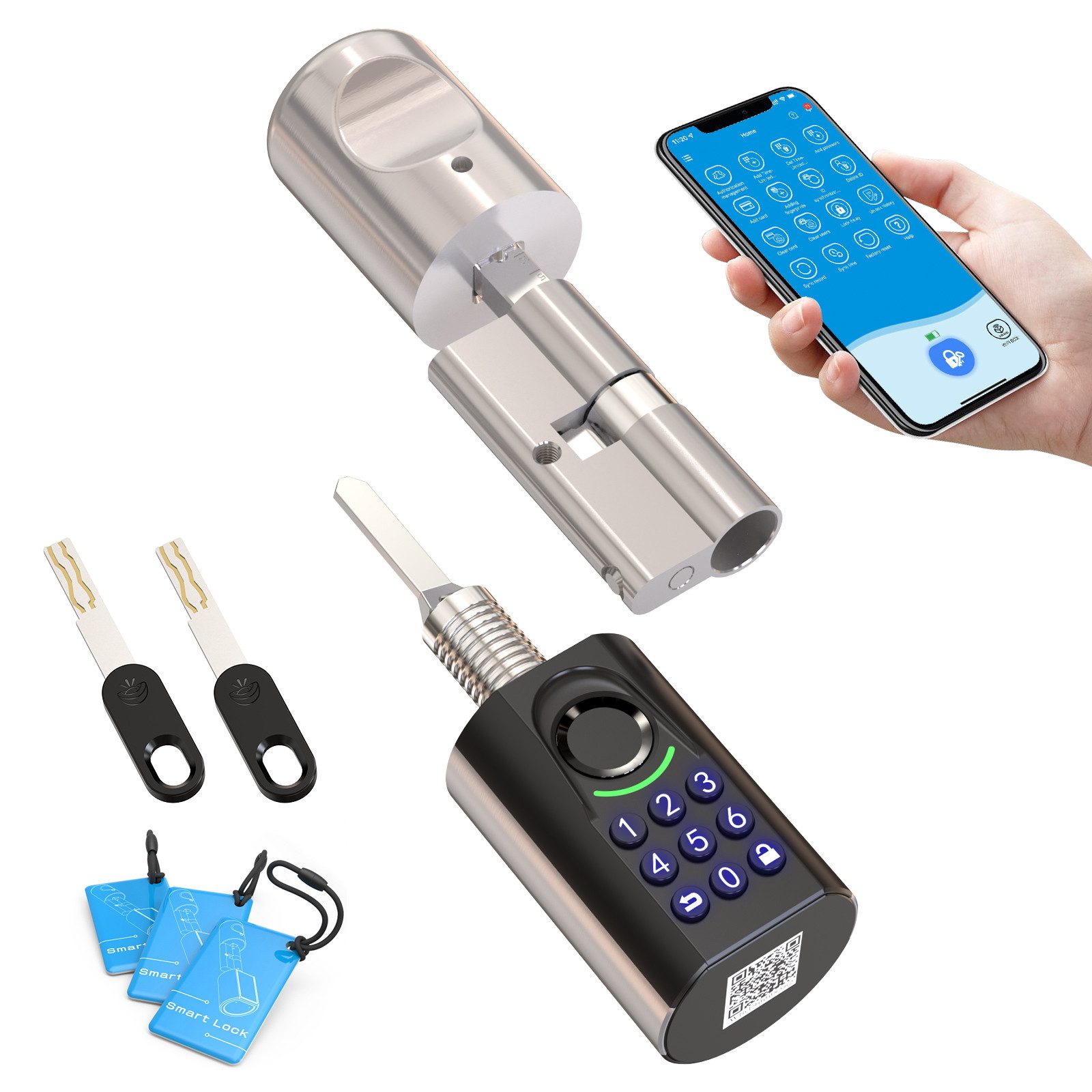 WE.LOCK Schließzylinder WELOCK Türschloss Fingerabdruck TOUCAKEY71 für 60-90 mm Türen, (Packung, Türschloss x1, RFID-Karte x3, Schlüssel x2, Anleitung x1,Zubehörbox x1), Fingerabdruck, Dauer-/Temp-Passwort, RFID, App, Schlüssel, Fernöffnung