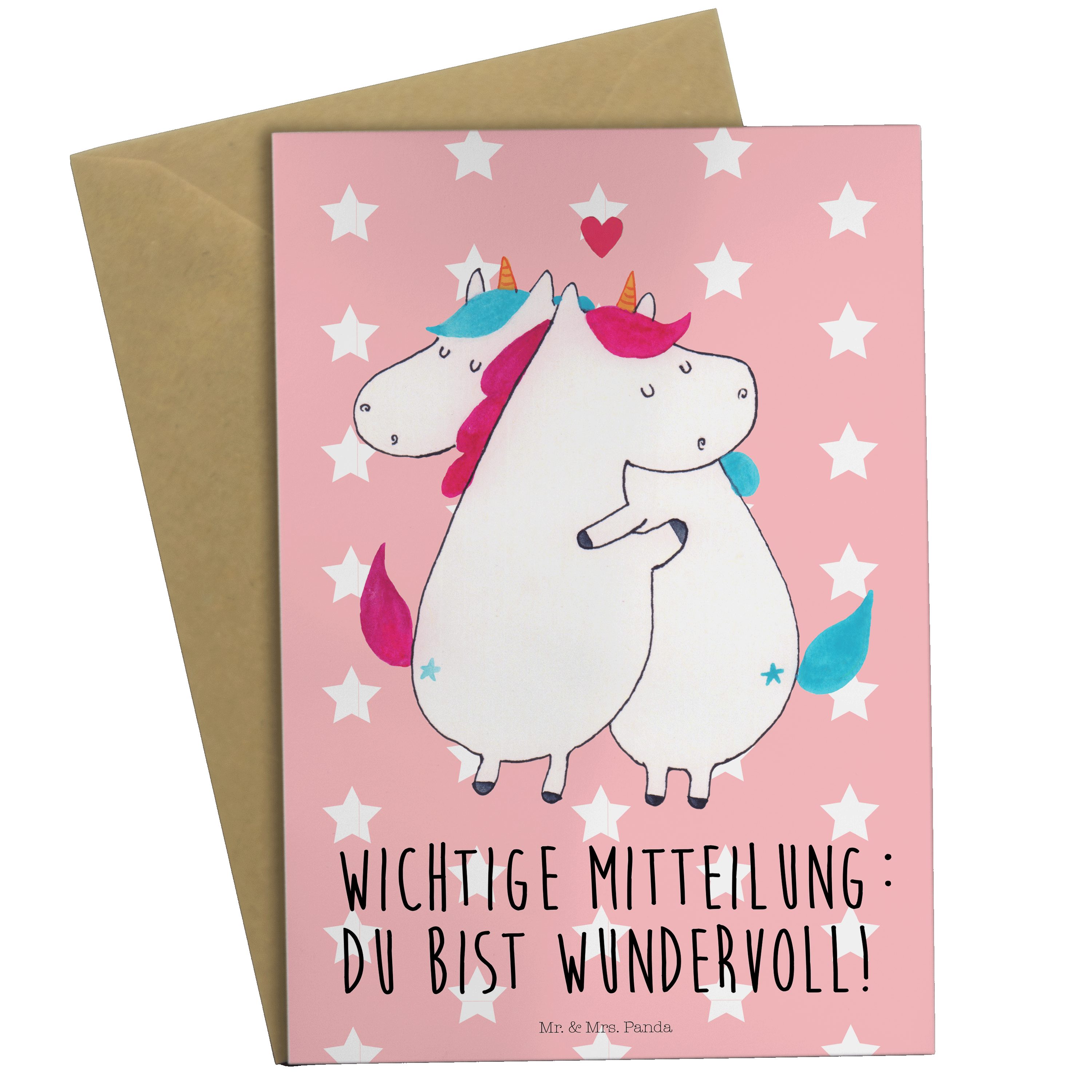 Mr. & Mrs. Panda Grußkarte Einhorn Mitteilung - Rot Pastell - Geschenk, Klappkarte, Glückwunschk