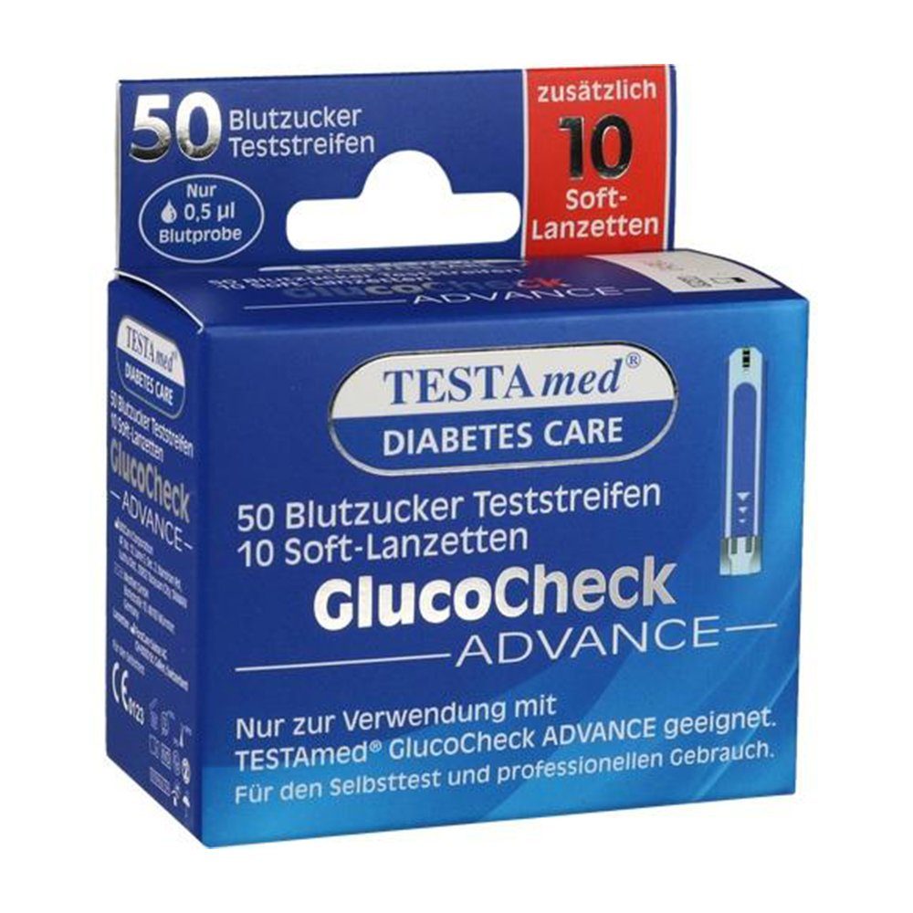 Sebapharma GmbH & Co.KG Blutzucker-Teststreifen TESTAMED GlucoCheck Advance 50 Teststreifen mit 10 Lanzetten, 1 Pck., 1 Packung, 50-tlg.