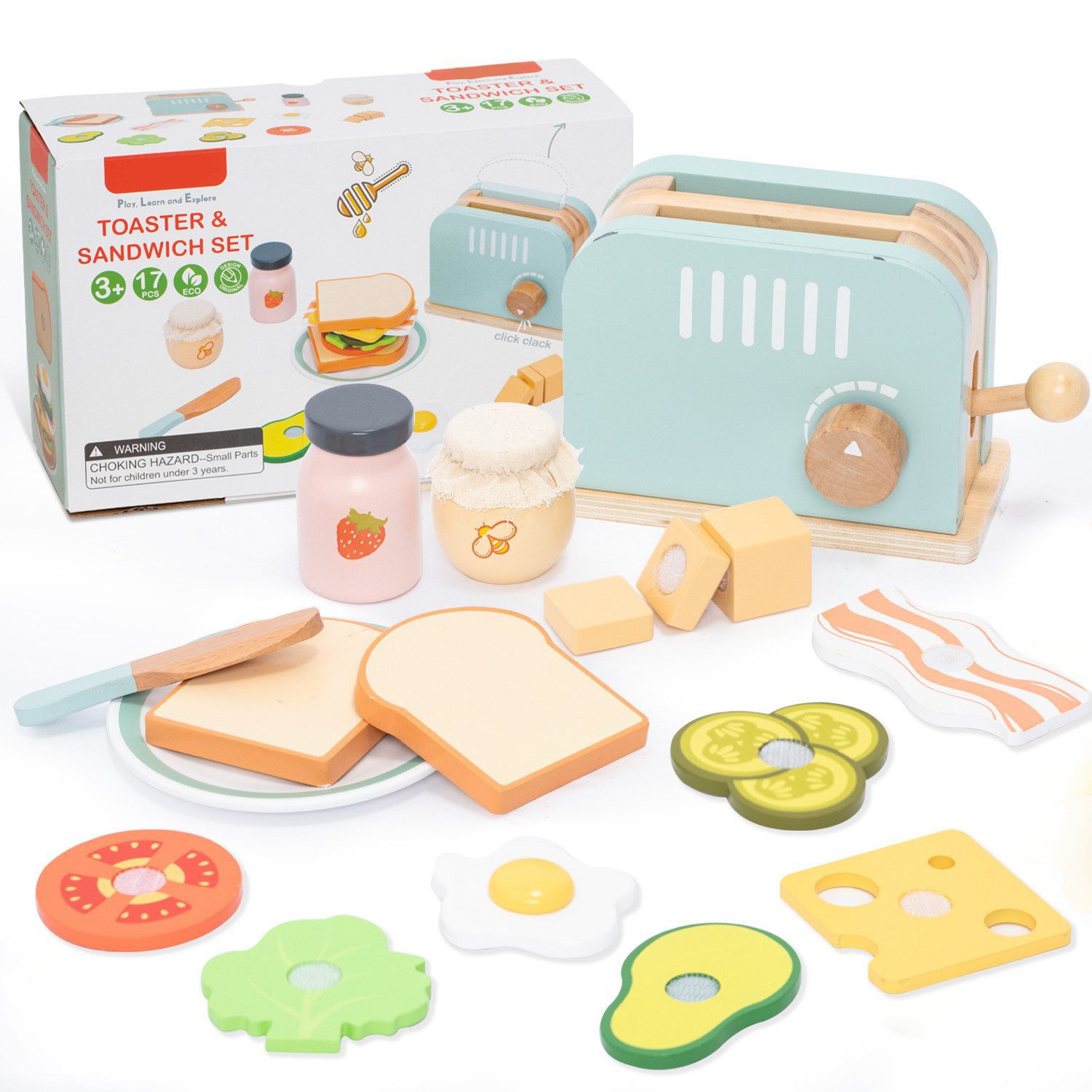 Esun Spielküche Holz Toaster & Sandwich Kinderküche, Spielküche zubehör 17 St., Geschenk für Mädchen Jungen ab 3 4 5 6 7 8 Jahre