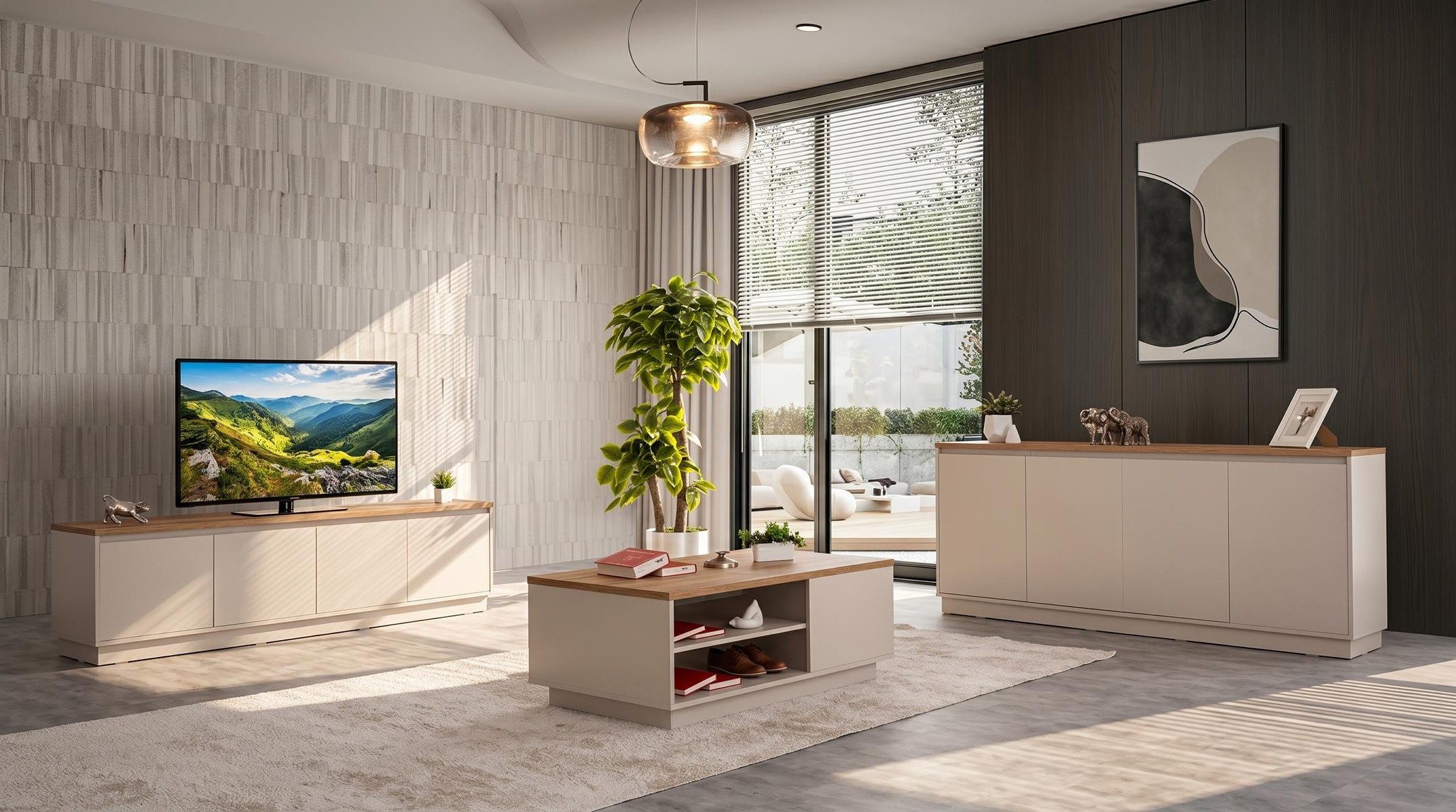 Xlmoebel Wohnzimmer-Set Beiges Wohnzimmer-Set TV-Schrank Couchtisch Konsole modern, (3-St., 3-tlg)