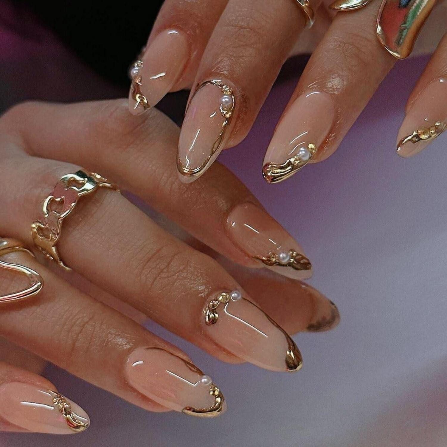 LuxusKollektion Kunstfingernägel Kunstnägel 24er Gold Aufkleben Kurz Mandel 3D 2gold& pearls1