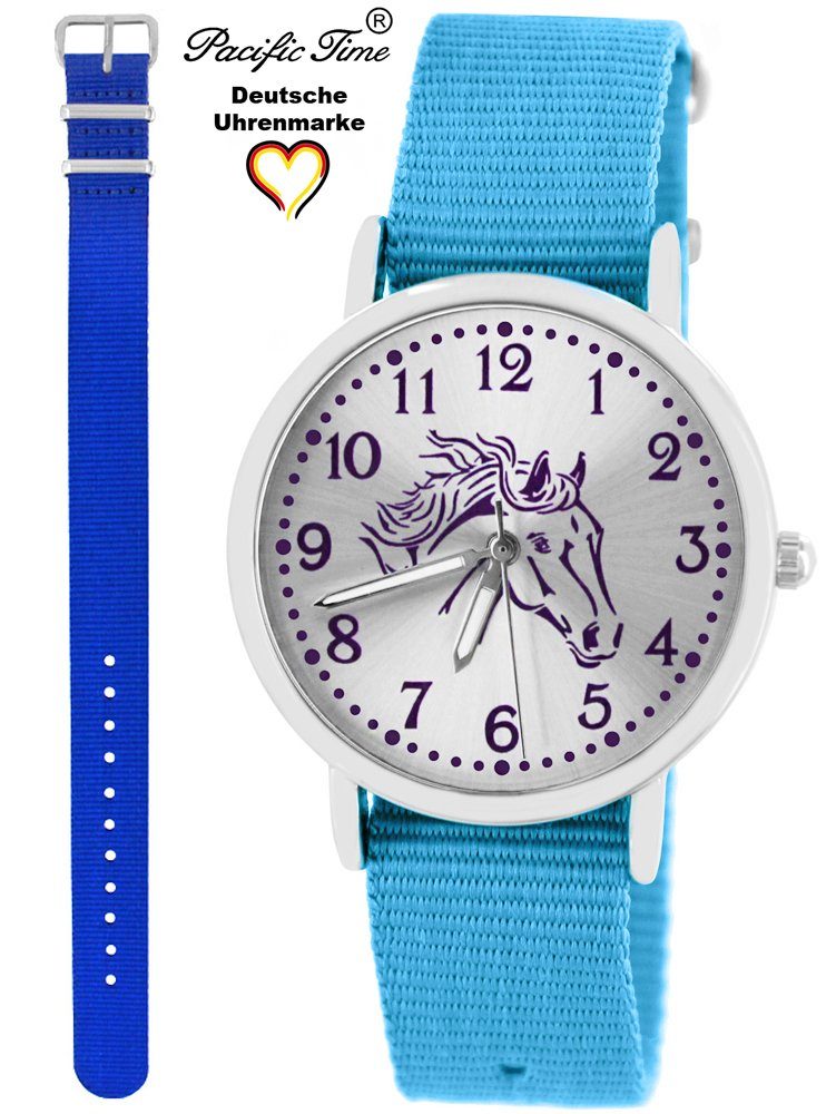 und Armbanduhr violett Pferd Gratis und Wechselarmband, Set Quarzuhr Design royalblau Versand Kinder Pacific Mix Match Time hellblau -