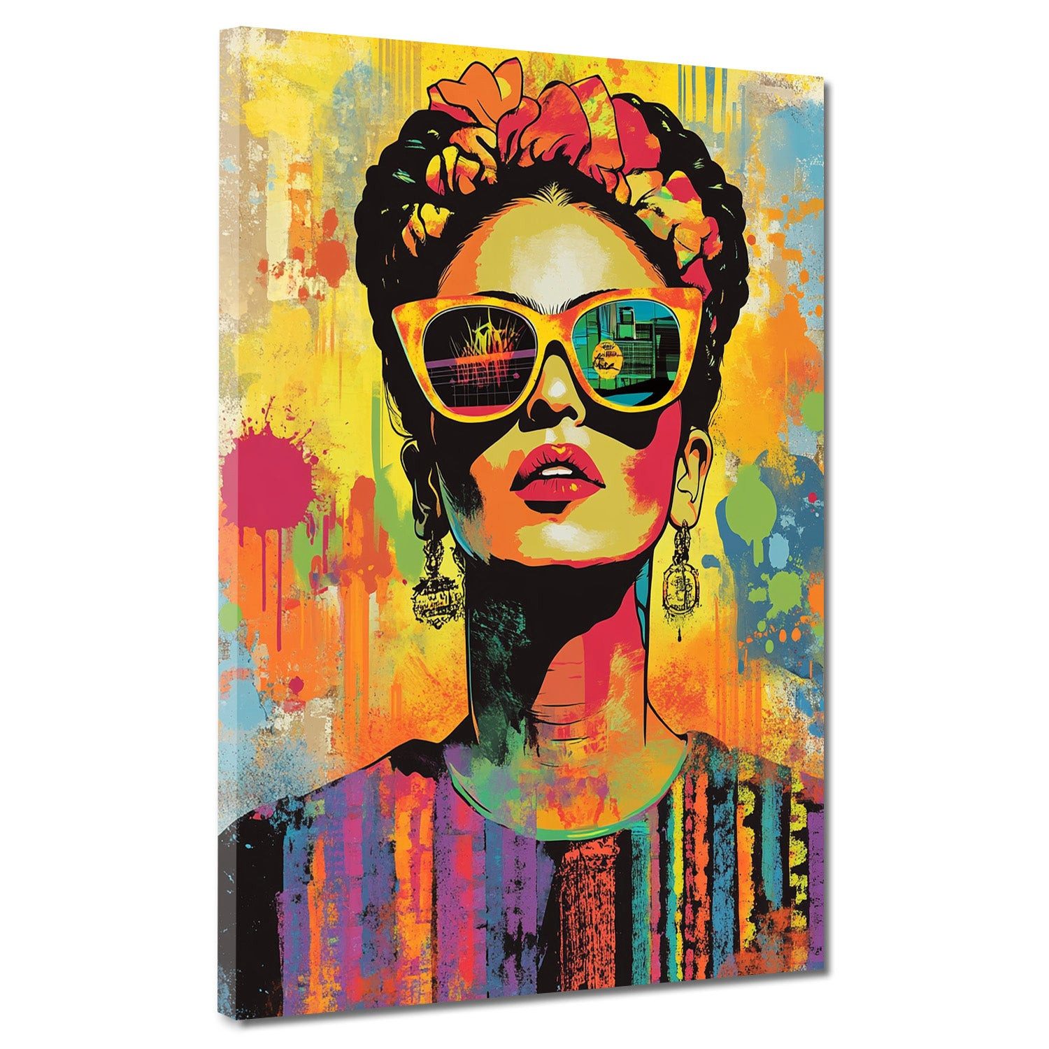 Artedinoi Leinwandbild Stylische Frida mit Sonnenbrille Pop Art Leinwandbild Wandbild XL Wand, Frida Kahlo mit Sonnenbrille