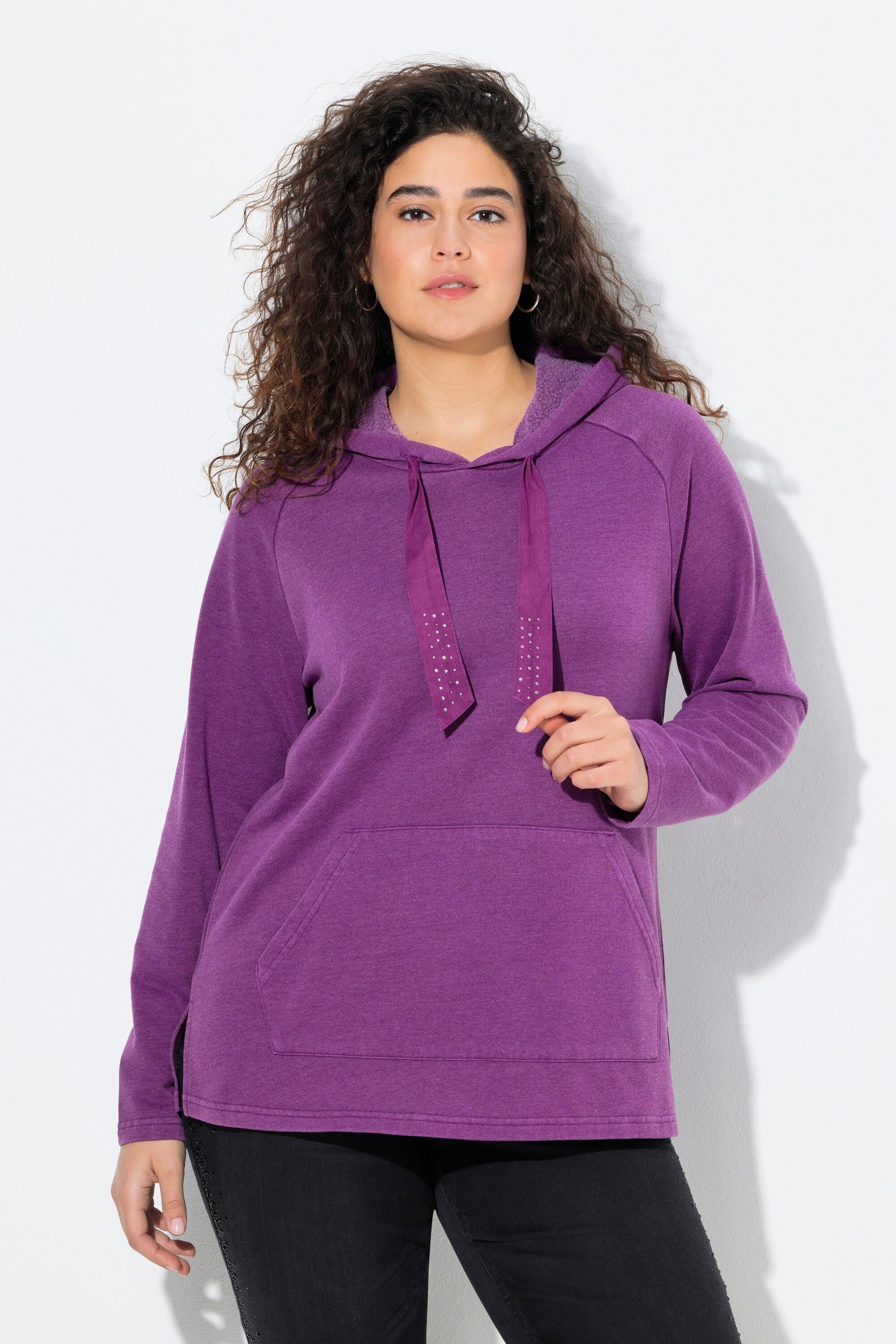 Ulla Popken Sweatshirt Hoodie Vintage-Look verzierte Kordel Langarm