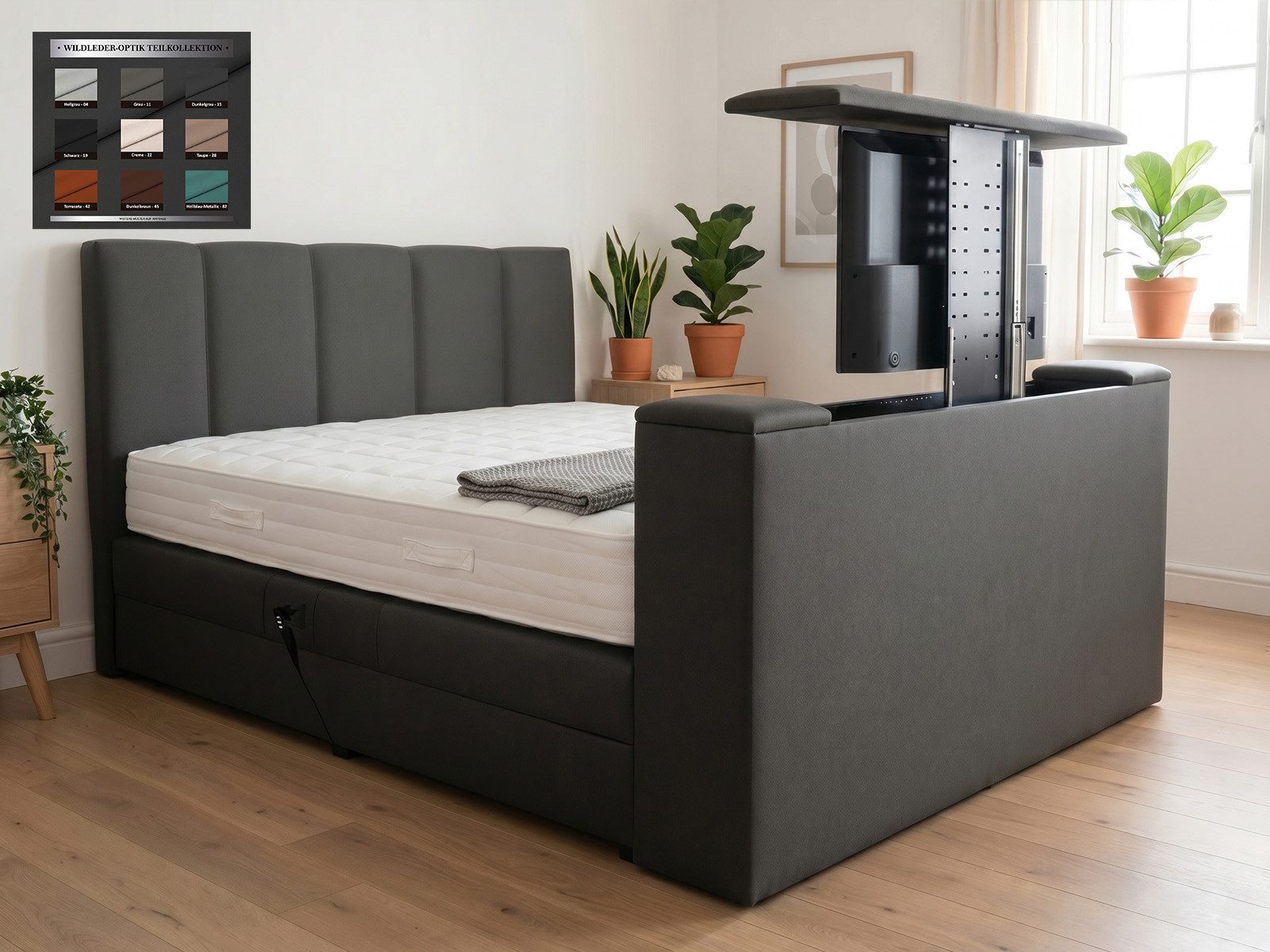 PAARA Boxspringbett Chicago elektrisch verstellbar mit Motor + TV Lift, mit einzigartigem Belüftungssystem