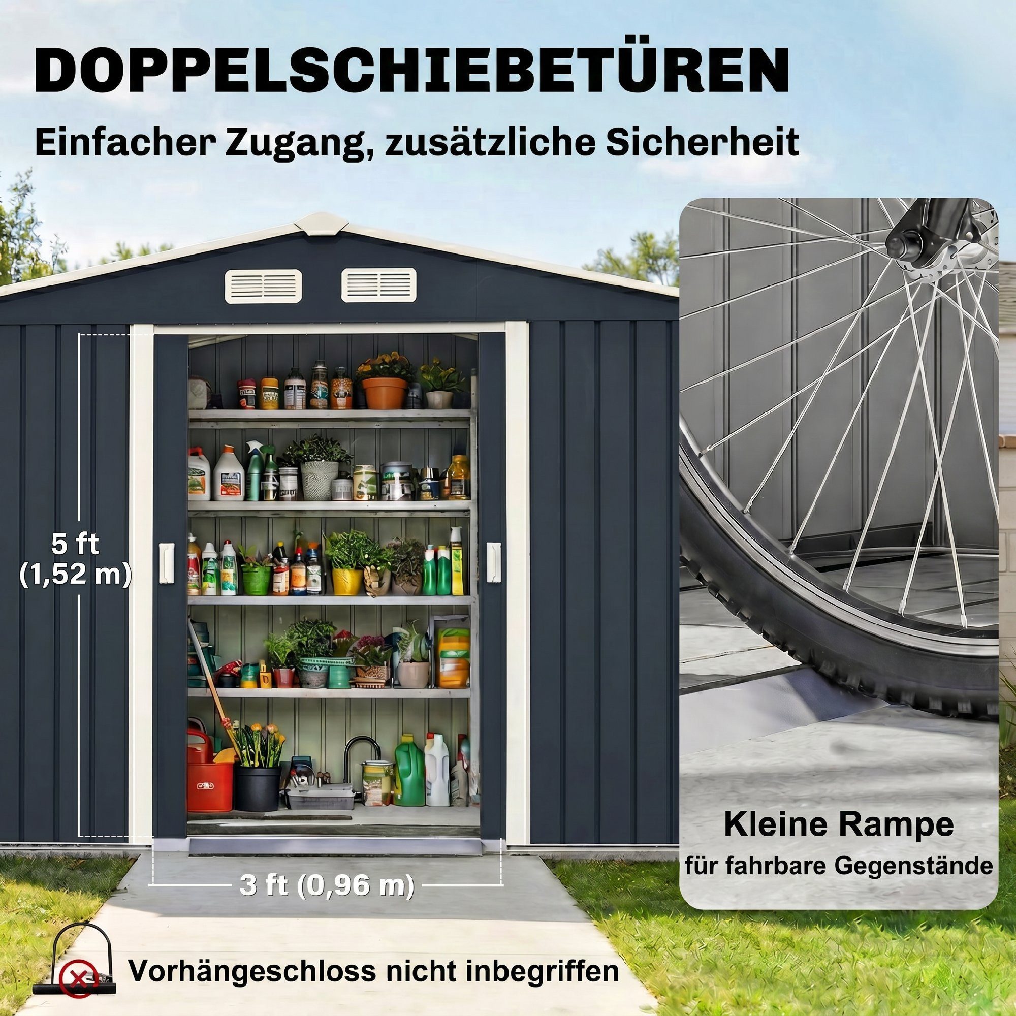 Outsunny Gerätehaus Fahrradschuppen, Schuppen mit Fundament, BxT: 277x195 cm, (Gartenhaus, 1 St., Geräteschuppen), für Garten, Kohlegrau – Bild 5 von 5