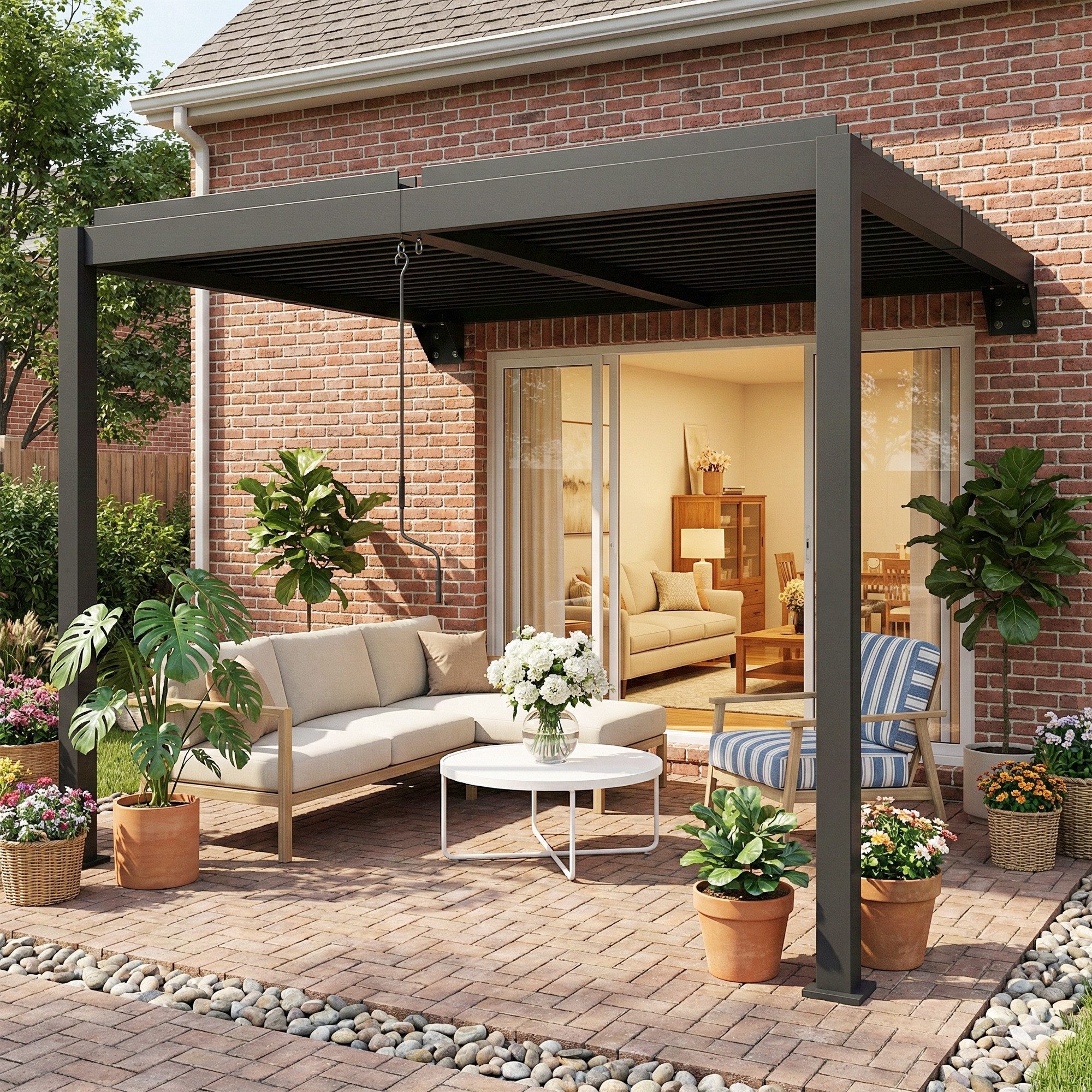 Outsunny Pergola mit verstellbar Lamellendach, Wandmontage, BxTxH: 298x300x220 cm, (Lamellen-Pavillon, 1-tlg., Terrassenüberdachung), für Garten Terrasse Dunkelgrau