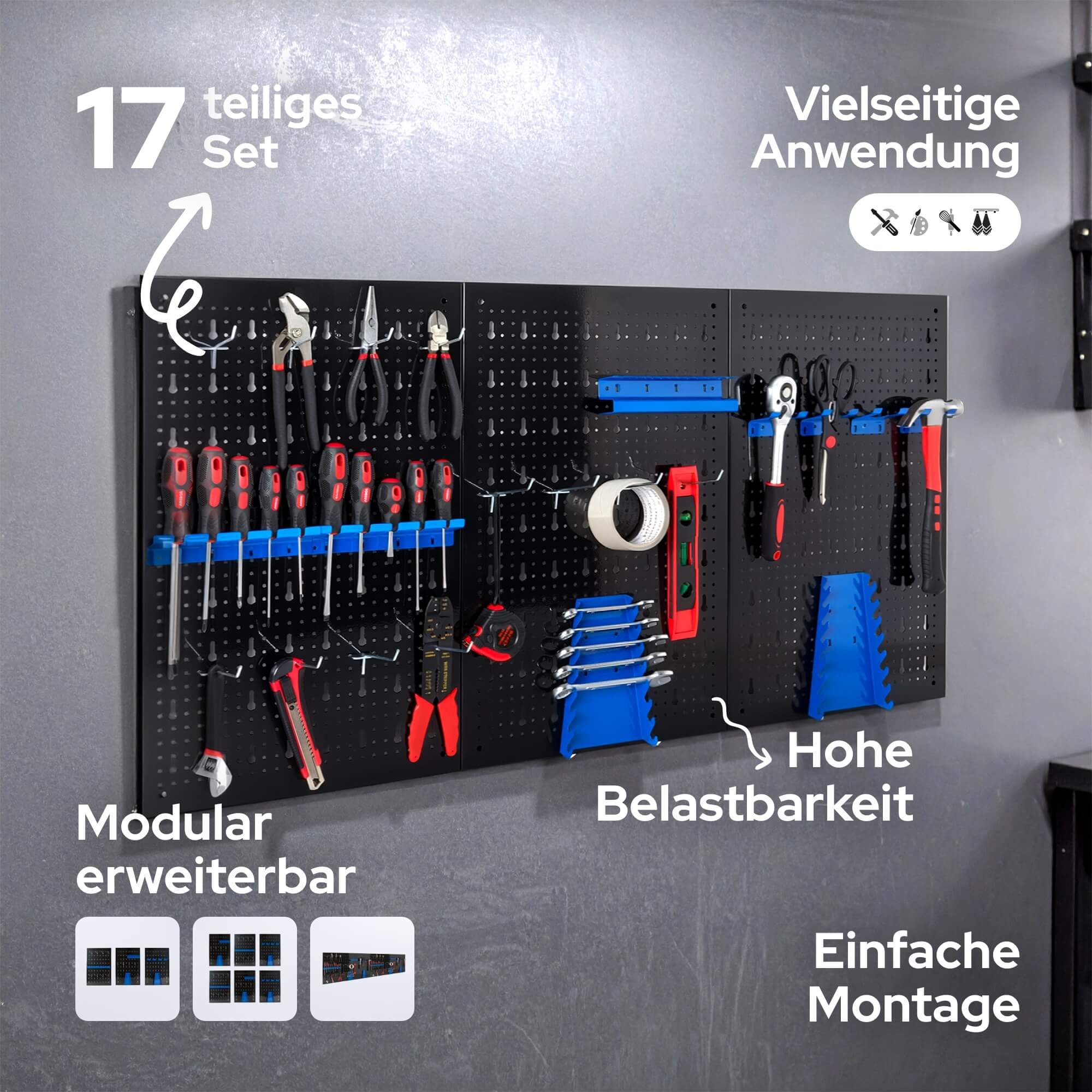 Arebos Lochwand 3-teilige Werkzeugwand Hakenset stabil & montagefreundlich, 3 Stk., mit 8 Haken, (17-tlg), sorgt für Ordnung in Werkstatt, Garage oder Keller