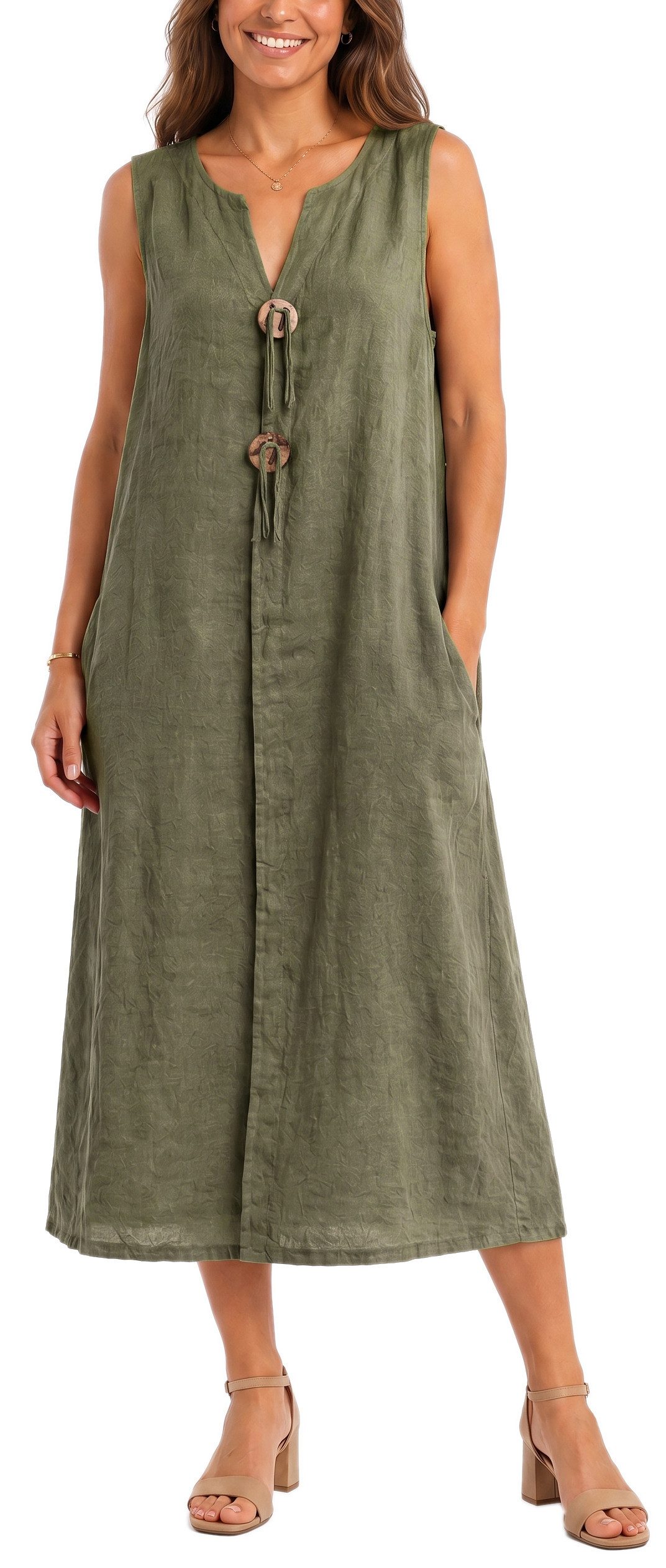 dy_mode Sommerkleid Damen Leinenkleid Luftiges Maxi Sommerkleid Strandkleid Damenkleid in Unifarbe, V-Ausschnitt, mit seitlichen Eingriffstaschen