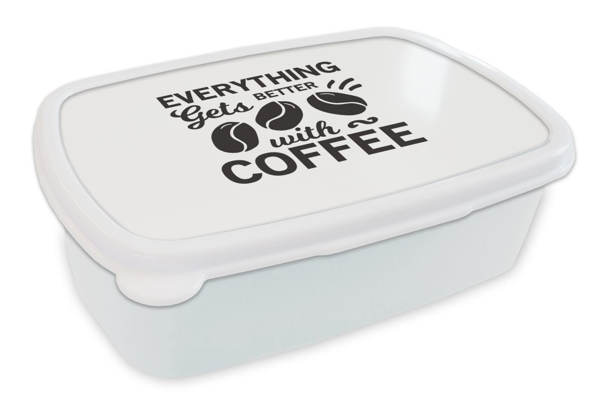 MuchoWow Lunchbox Mit Kaffee wird alles besser - Zitate - Kaffee - Sprichwörter, Kunststoff, (2-tlg), Brotbox für Kinder und Erwachsene, Brotdose, für Jungs und Mädchen weiß