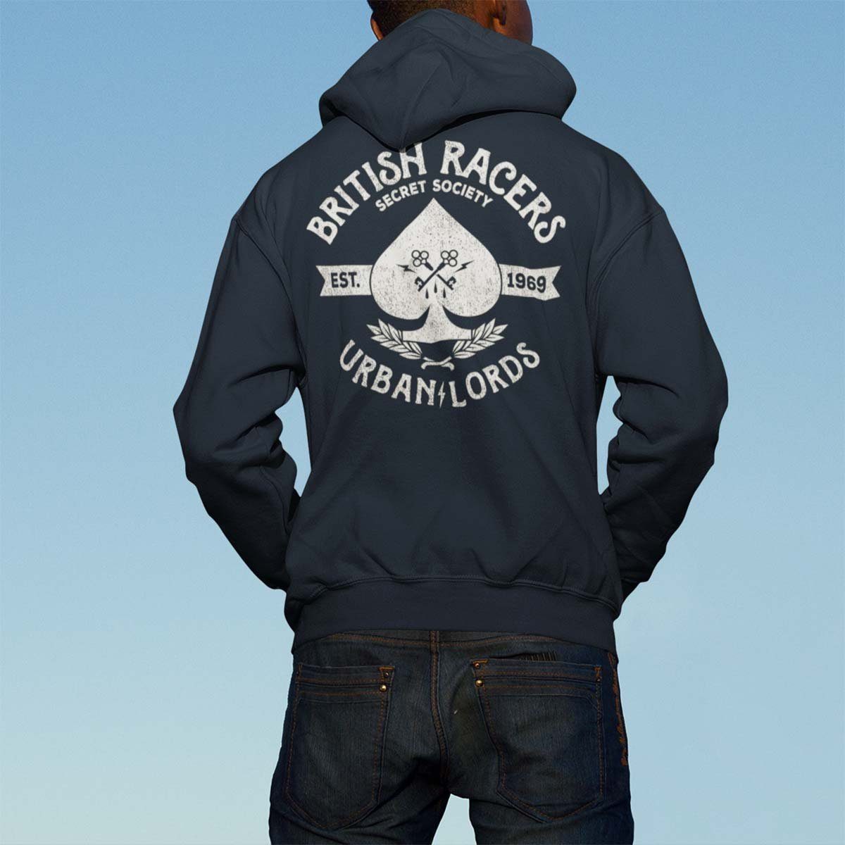 Motorrad Racers British Schwarz Hoodie mit On Motiv Kapuzenjacke, Rebel Wheels Kapuzensweatjacke Biker Zip /