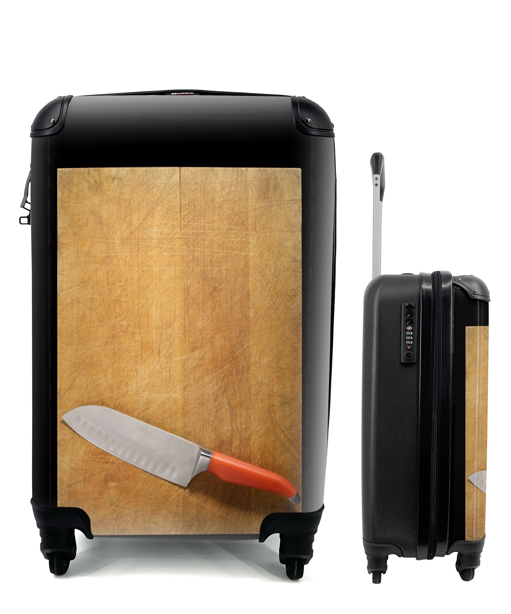 MuchoWow Handgepäckkoffer Ein Messer auf einem Schneidebrett, 4 Rollen, Reisetasche mit rollen, Handgepäck für Ferien, Trolley, Reisekoffer
