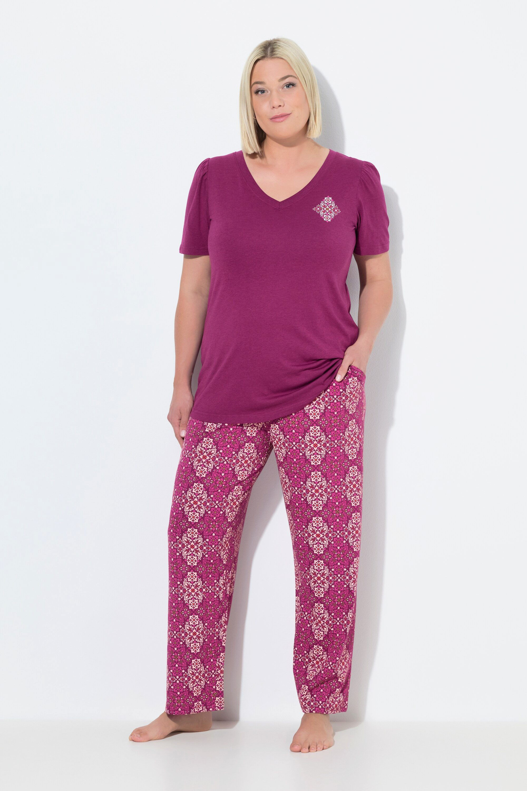 Ulla Popken Pyjama Pyjama Rhomben V-Ausschnitt günstig online kaufen