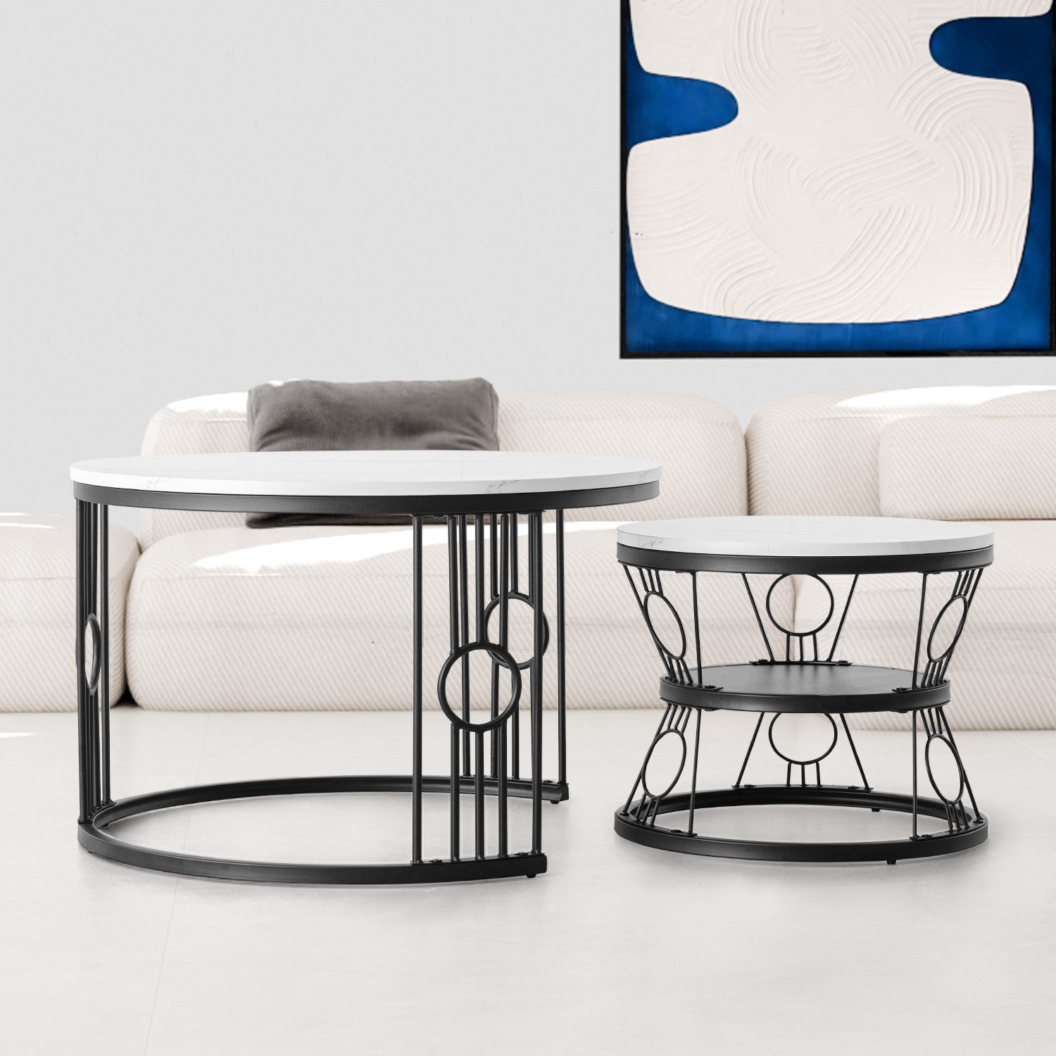 MODFU Couchtisch 2er Set Couchtisch: Weiße MDF-Platte + stabiles Stahlgestell (Solid und Dauerhaft Smart Einzigartigrd Design Safety Design, 2-St., Verschweißungsfrei, platzsparend & flexibel als Sideboard nutzbar), Großer Tisch 70x70 cm, kleiner 45x45 cm – ideal für Wohnzimmer