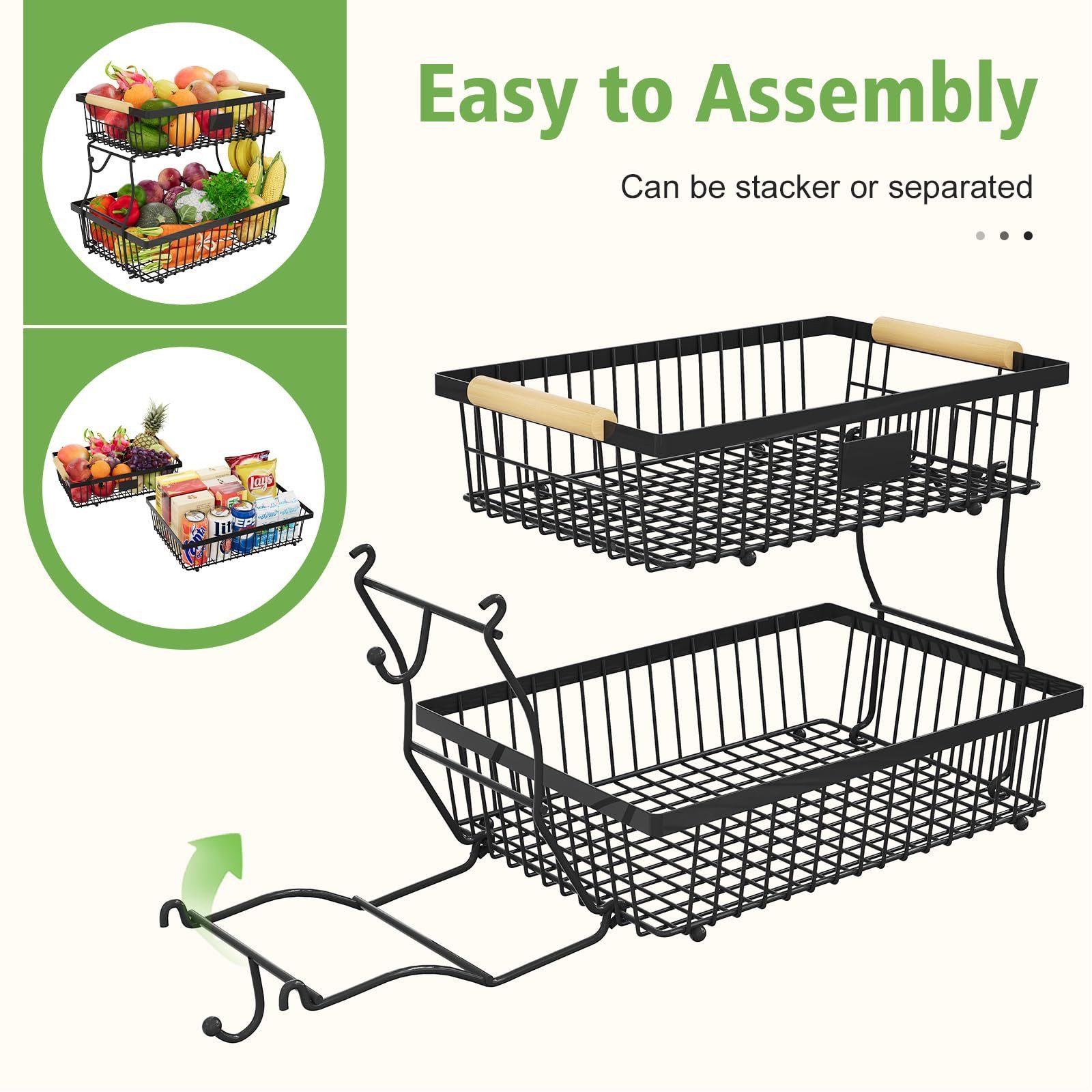 SURFOU Obstschale 2-stöckiger Obstkorb mit haken abnehmbar Metall Organizer Obst Etagere, Kohlenstoffstahl, (mit Holzgriff und 2 Bananenhängern, für Obst, Gemüs – Bild 4 von 5