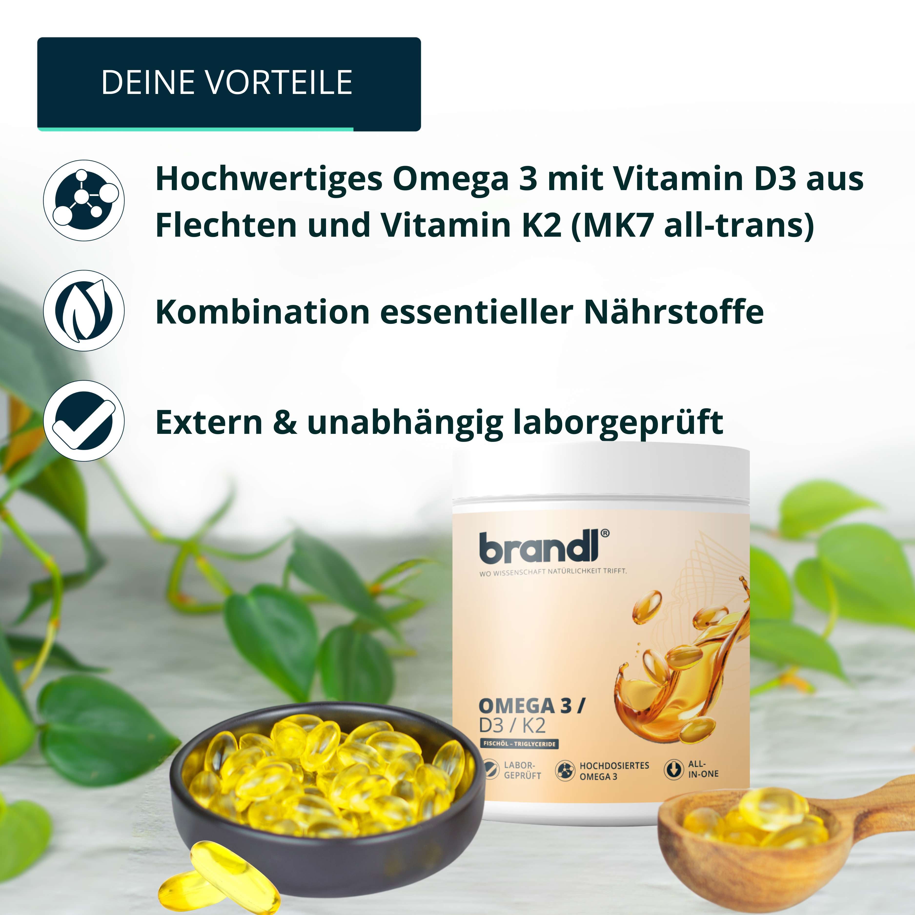 Brandl Nutrition Omega D3 K2 Kapsel hochdosiert, Premium Omega 3 mit Fischöl aus der EU Kapseln, Vitamin D3 aus Flechten, gute Kapselgröße, unabhängig laborgeprüft