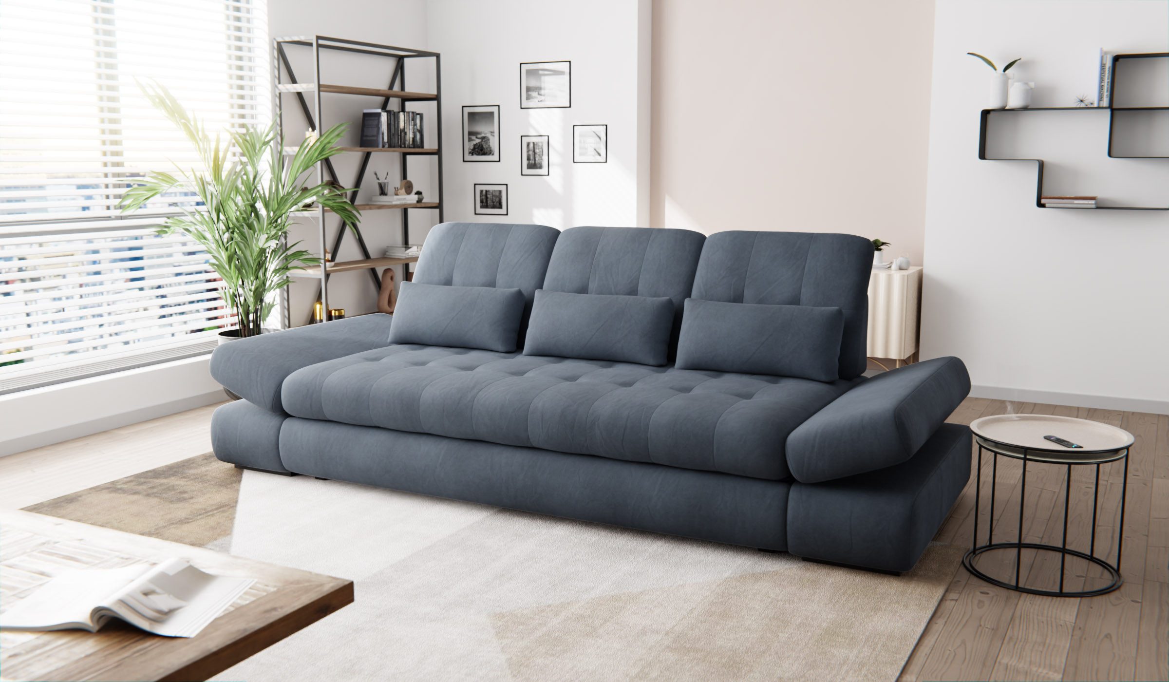 Hygger Möbelhaus Big-Sofa Bronx XXL Couch Inkl. Sitztiefenverstellung, Arm, Kopfteilverstellung, Wahlweise mit Bettfunktion, Schlaffläche 165 cm, 3 Nierenkissen., Der Rahmen ist verstärkt, Hergestellt in Europa