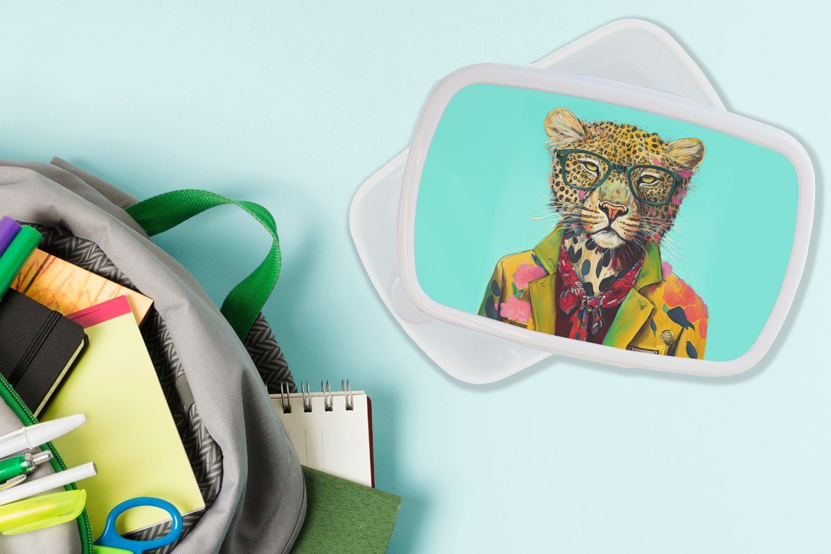 Kunststoff, Leopard Mädchen - für Tier Schleife - - MuchoWow Brotbox und weiß - Brille Erwachsene, Lunchbox Kinder und (2-tlg), für Jungs Design, Brotdose,