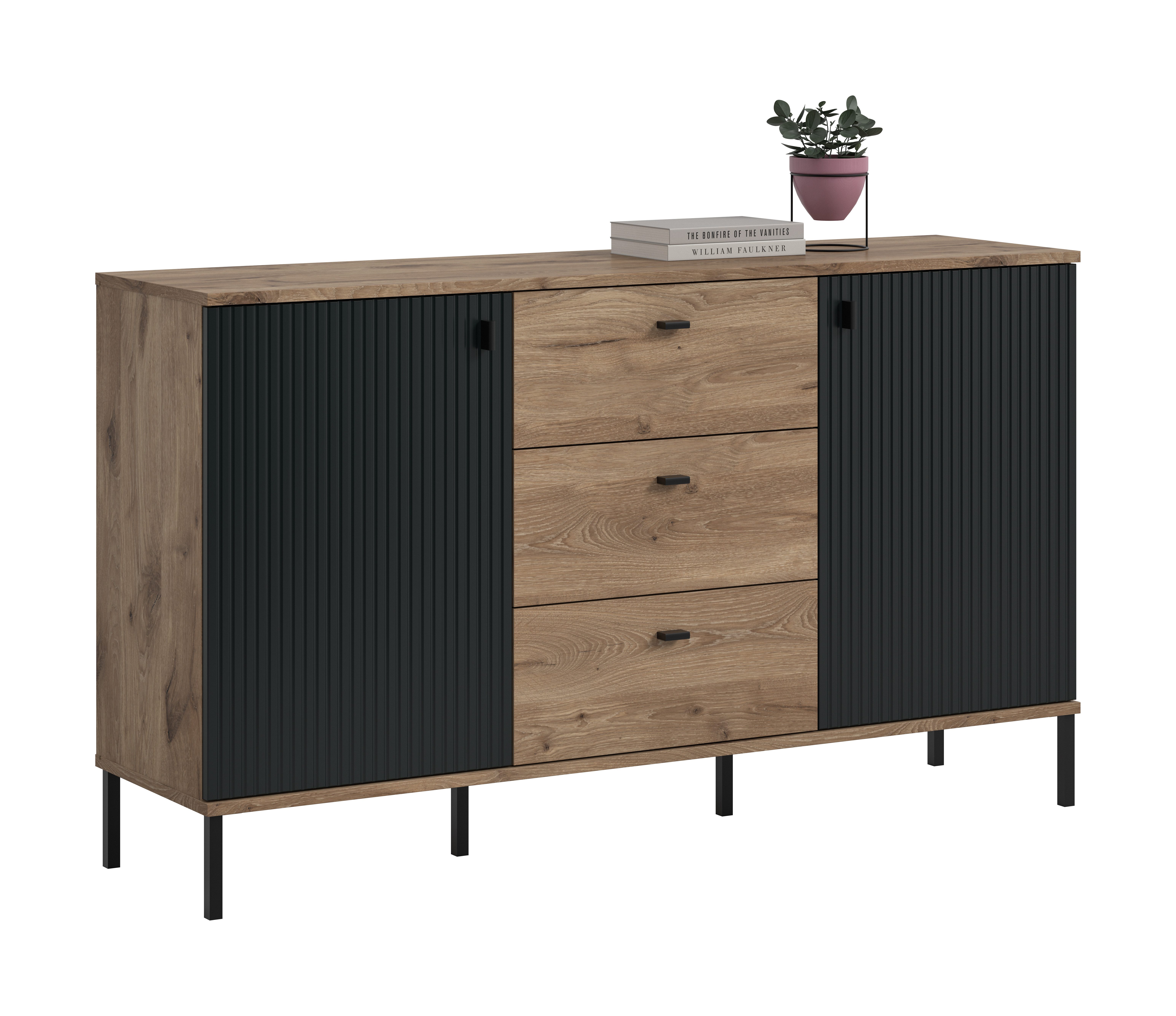 furnling Sideboard Chesco, mit 2 Türen, 3 Schubladen, Soft-Close, Breite 154 cm, Nox Oak/schwarz