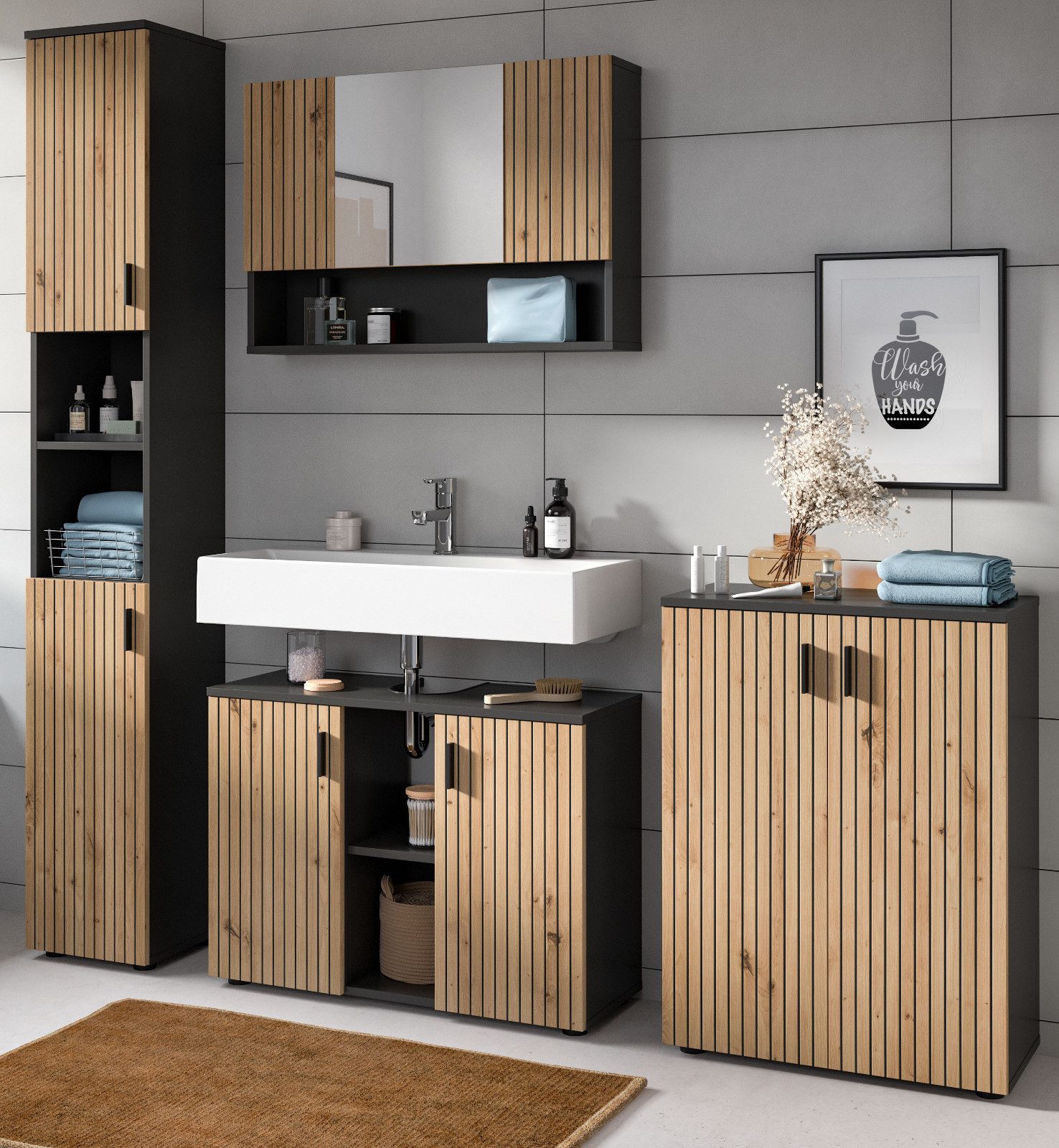 inn.furn badmöbel-set livia, (badezimmer in eiche artisan mit rillen,  komplett-set 4-teilig, breite 200 cm), mit 17 fächern