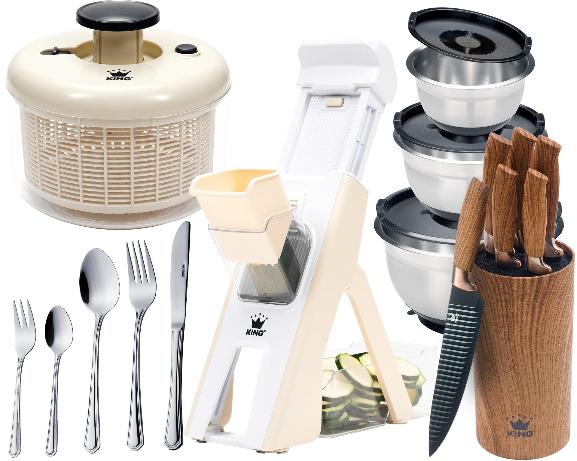 KING Küchenreibe Veggie-Set, Kunststoff, (Set, 44-St., 1 Reibe, Messerblockset, 1 Salatschleuder, 30 tlg Besteck, 3 Schüsseln), Vertikale-Reibe inkl. Auffangbehälter, unterschiedliche Schnittmodi