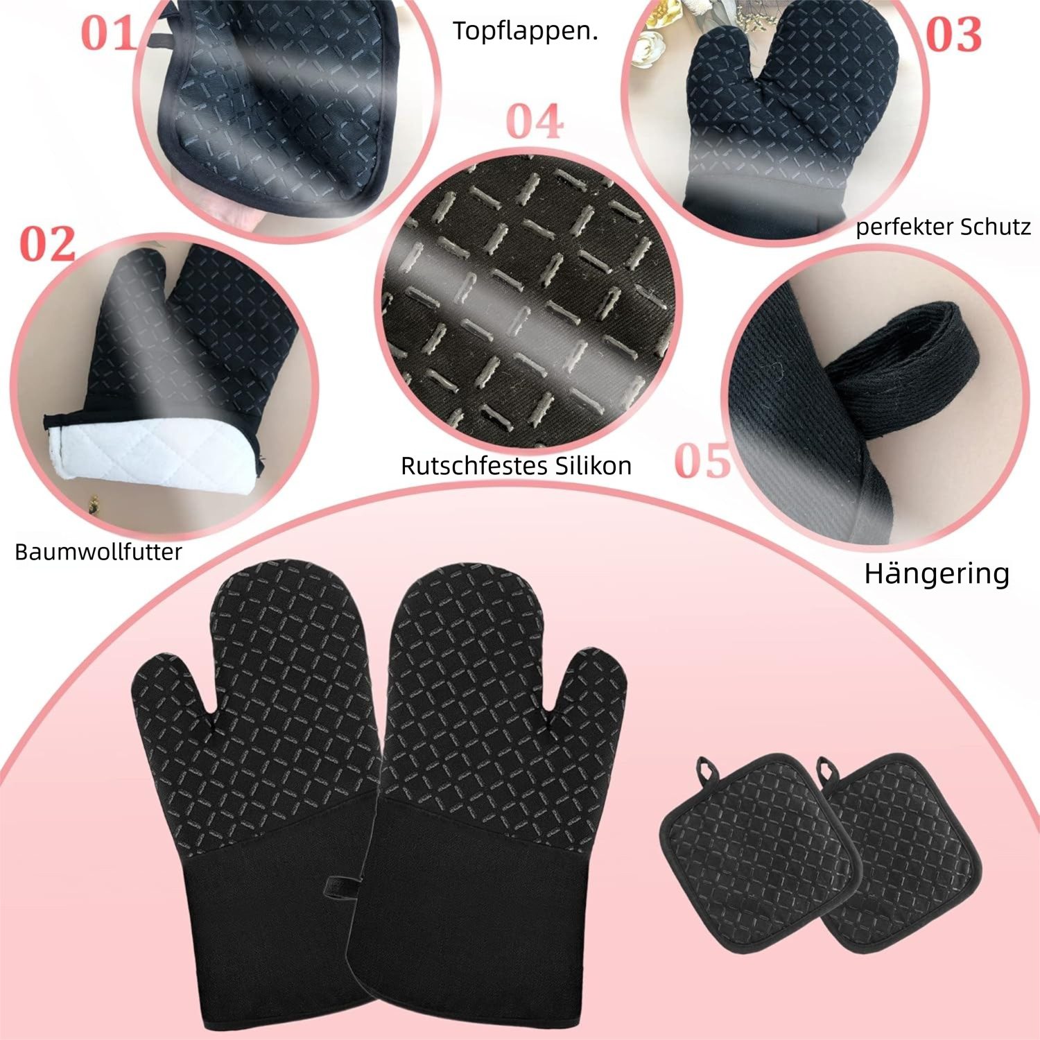 VEKROBOT Topflappen 4 Backmatten Topflifter Hitzebeständig rutschfeste Silikon Oberfläche, (Set, 1-tlg., Geeignet für Backen, Küche und Kochen), 2 Ofenhandschuhe + 2 Tischsets