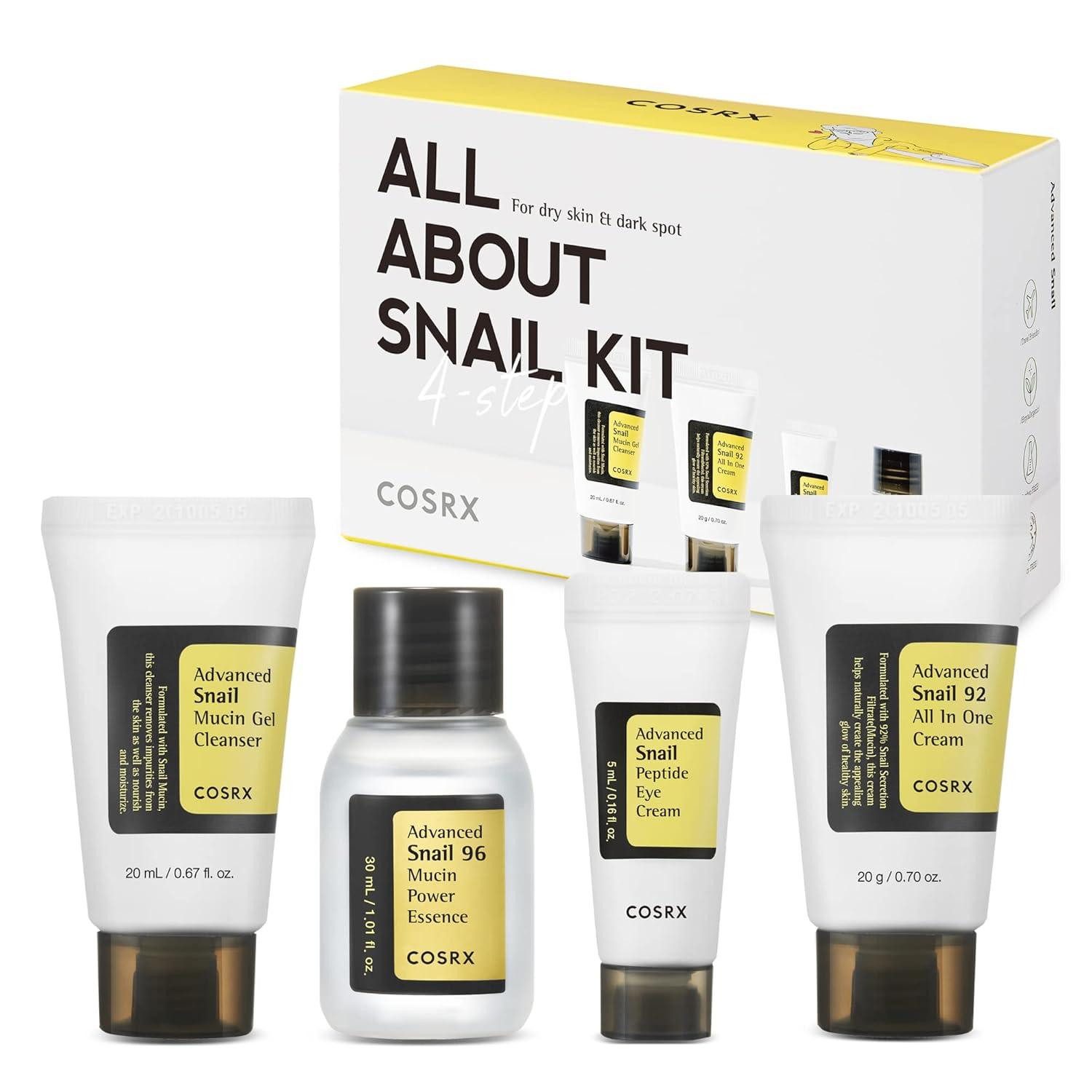 Cosrx Anti-Aging-Creme All About Snail Trial Kit – Advanced Snail 4-Step Gesichtspflege Set mit Snail Mucin, Gel Cleanser, 96 Mucin Essence, Augencreme & All-in-One Cream