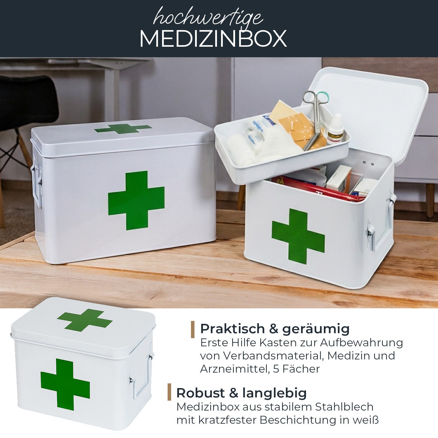 HMF Erste-Hilfe-Koffer Medizinkoffer, Hausapotheke, Medikamentenkoffer aus Metall, mit Tragegriffen, 22,5 x 16,5 x 15,5 cm, weiß