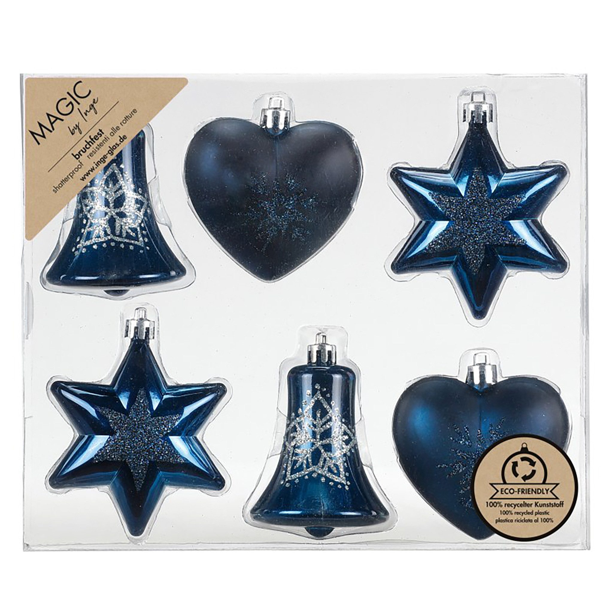 MAGIC by Inge Weihnachtsbaumkugel, Christbaumschmuck Formen Mix 9cm Kunststoff 6er Set - Night Blue