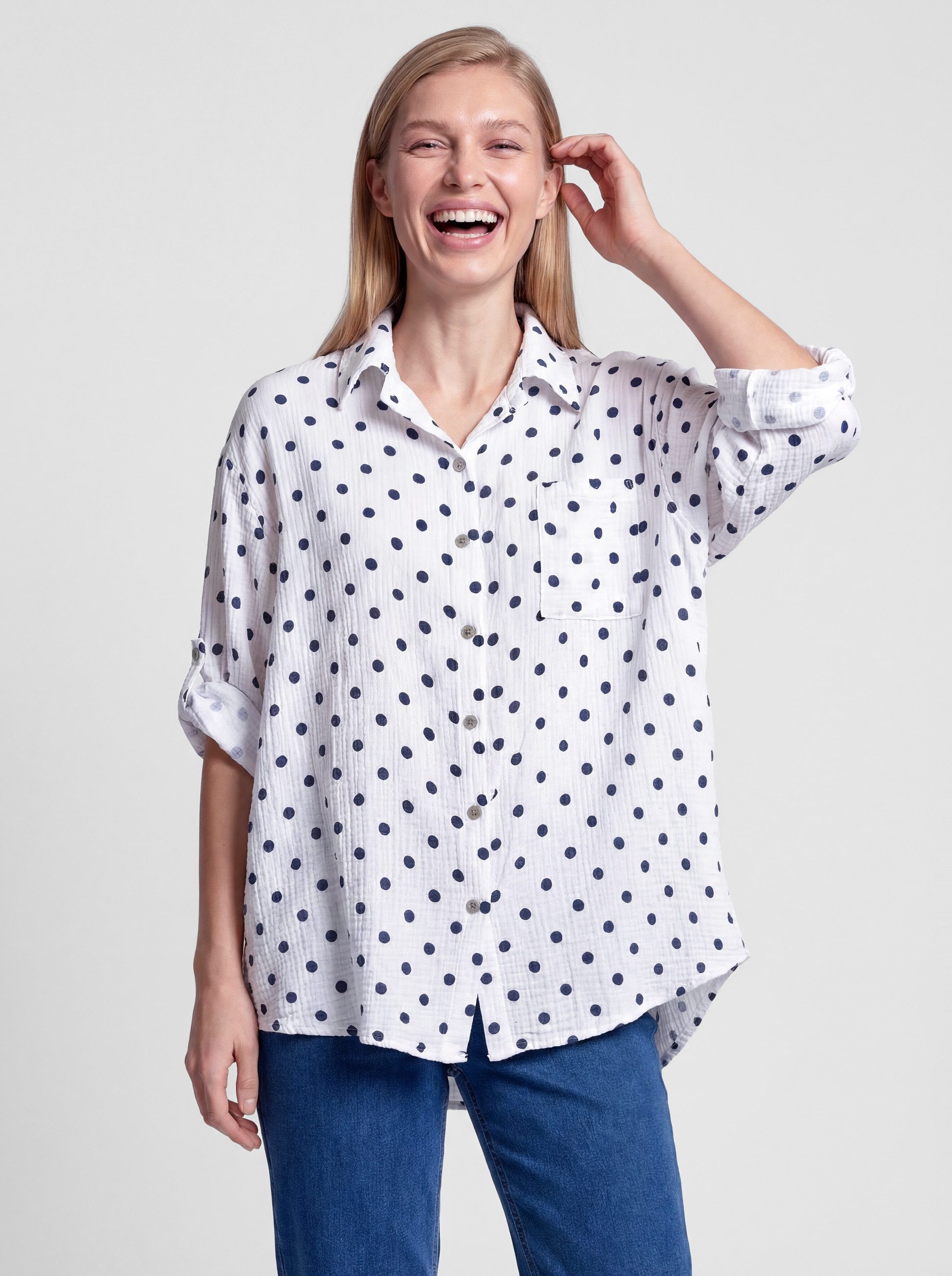 PEKIVESSA Hemdbluse Oversized Musselin Bluse gepunktet mit Turn-Up Ärmeln