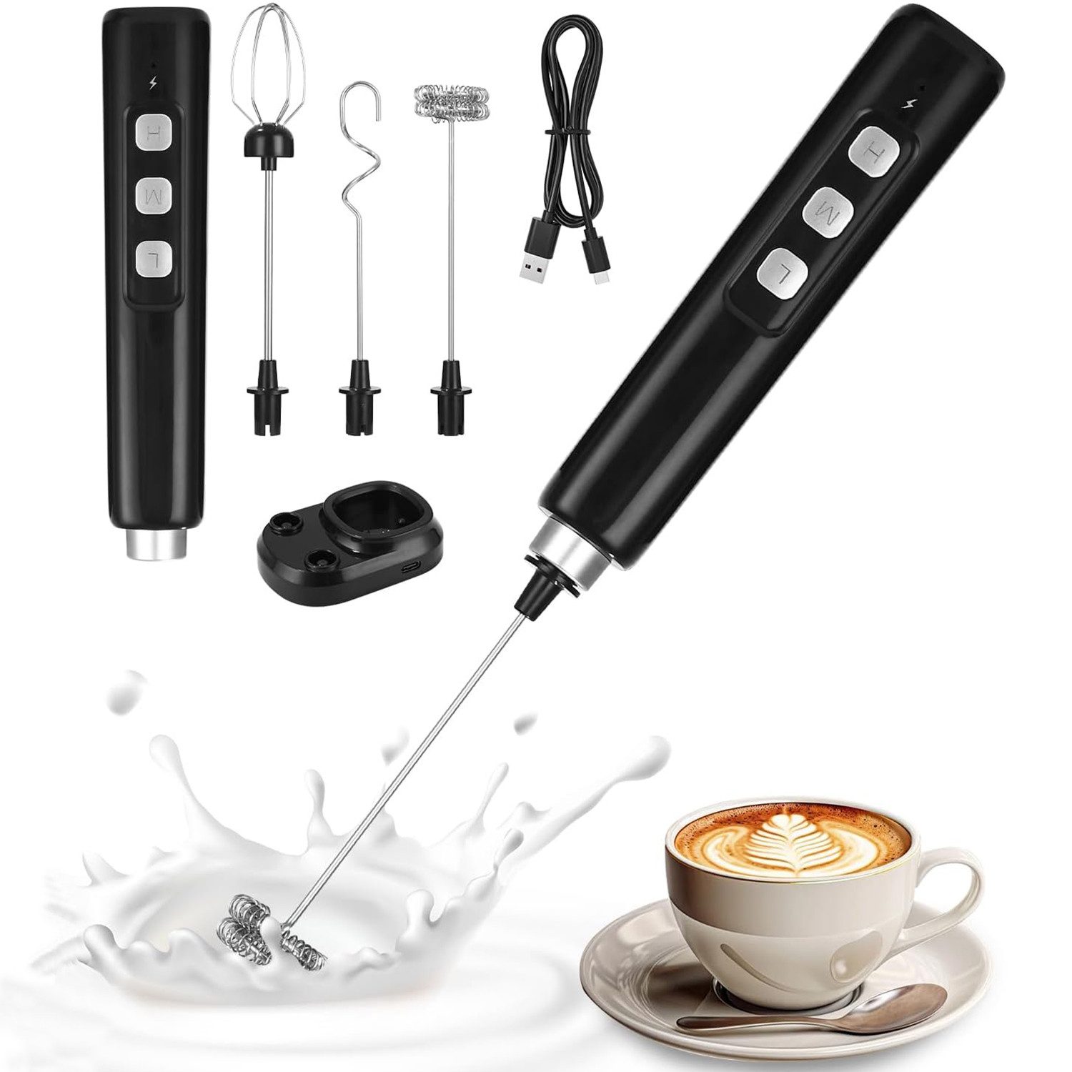 TUWENA Milchaufschäumer Elektrischer Milchaufschäumer Mini Schneebesen USB-C Aufschäumer, 3-in-1, 3 Stufen, 3 Aufsätze, für Kaffee, Cappuccino, Sahne & Eier