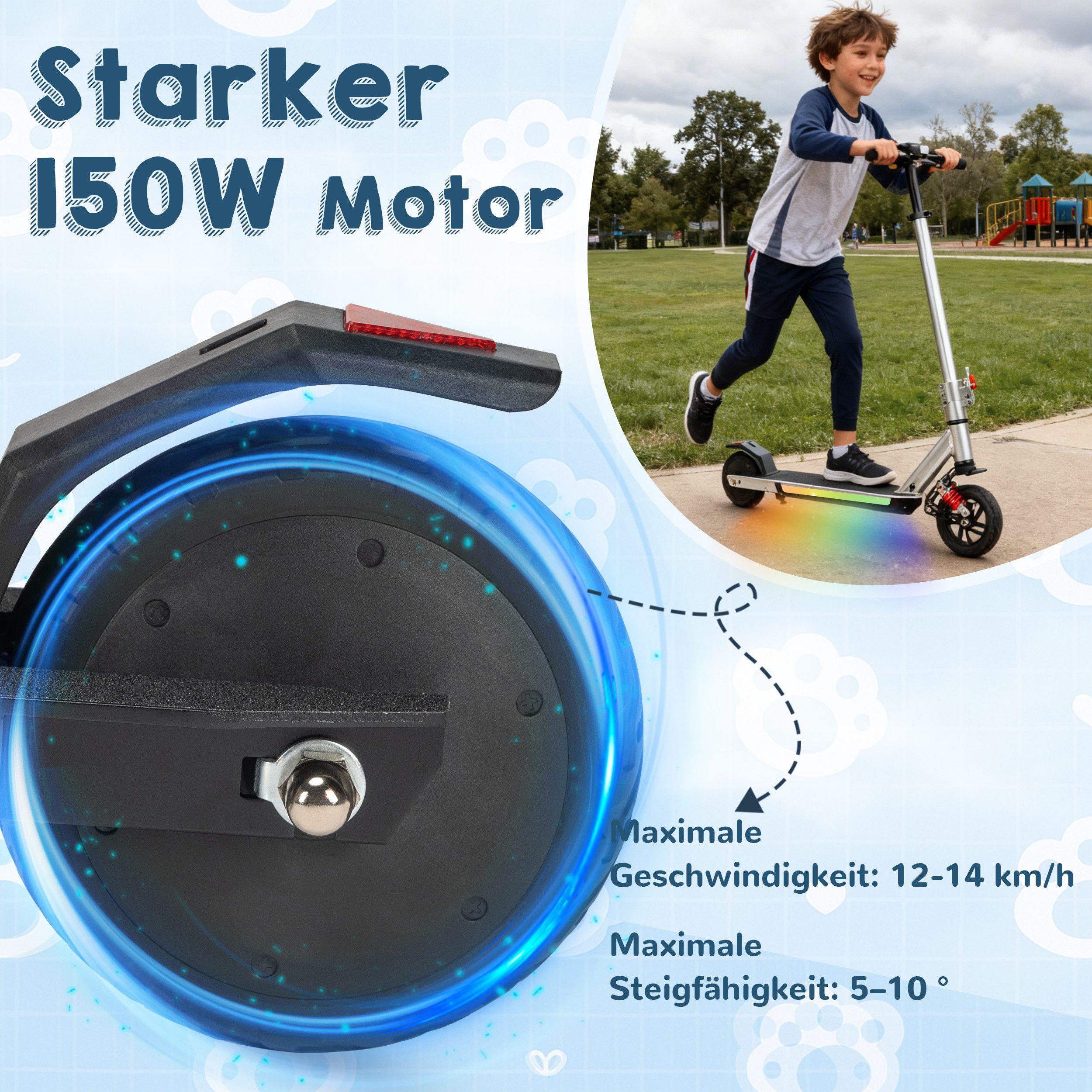 Vankel Elektro-Kinderroller klappbar, E Scooter für Kinder, ab 10 Jahre, 15km, Bunte Leuchten, Federung, 14km/h, EBS+Fußbremse, höhenverstellbar, mit Haken