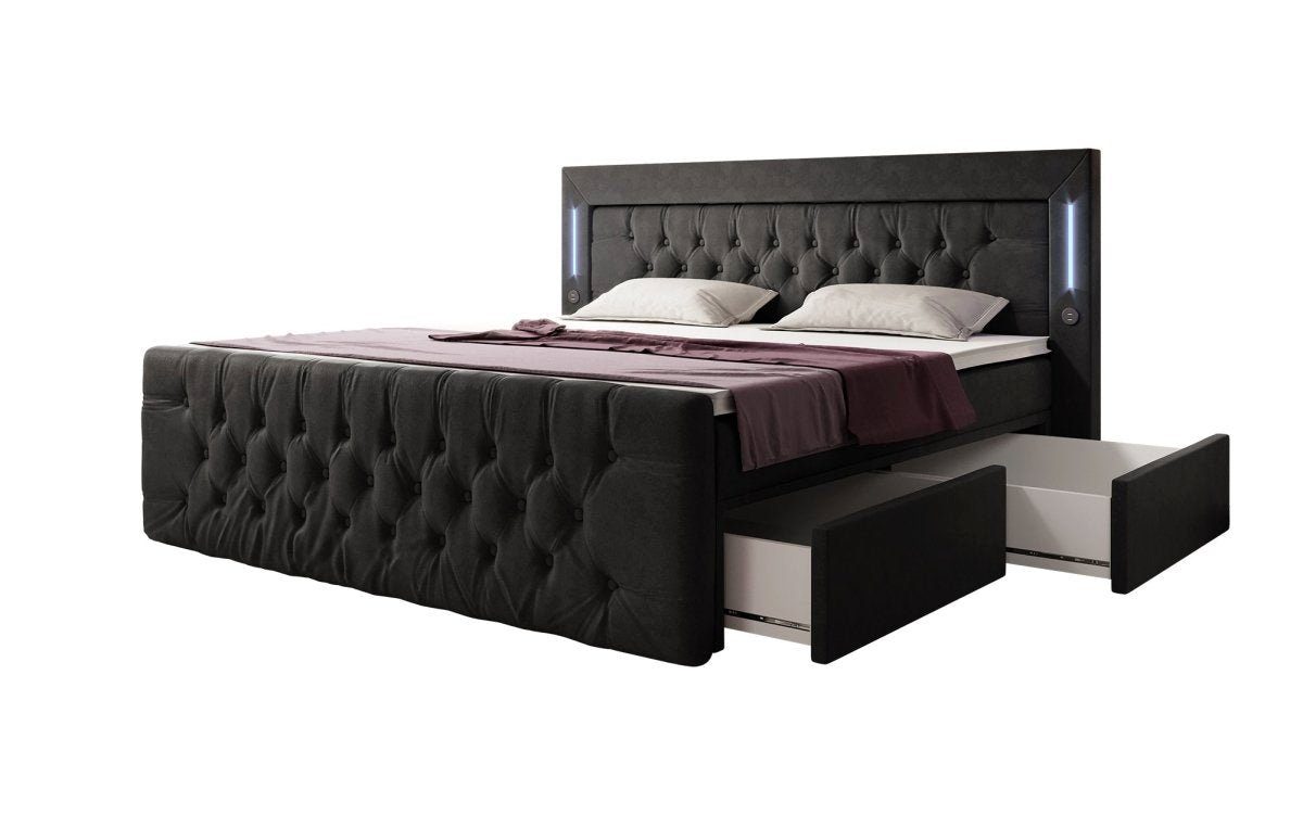 Luxusbetten24 Boxspringbett Diva, mit LED-Beleuchtung, USB-Anschluss und Stauraum