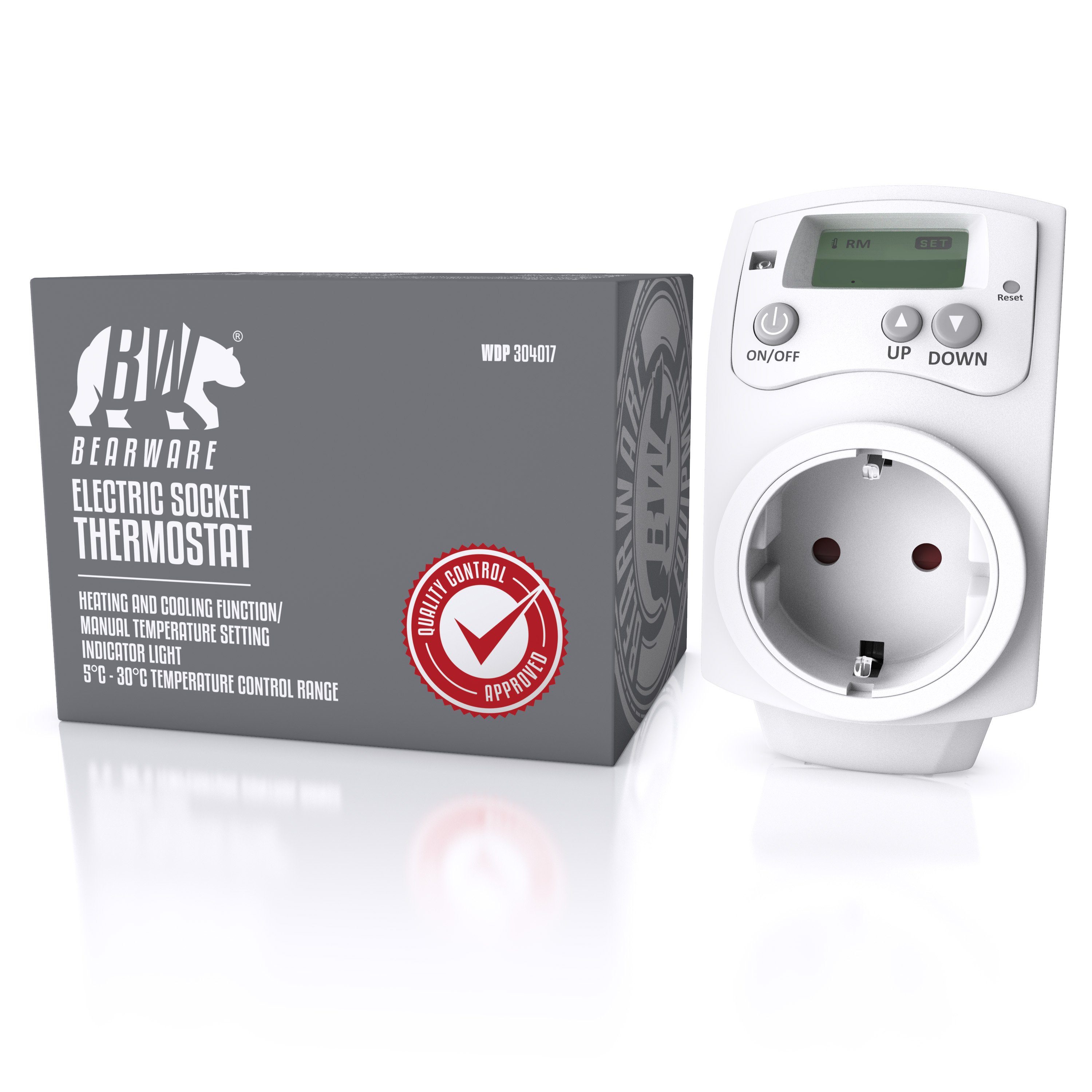 BEARWARE Steckdosen-Thermostat, max. 3680 W, 1-St., programmierbar von 5°-30°C LCD Display mit Statusanzeige