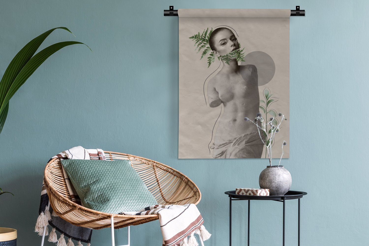 für - Wanddekoobjekt Pflanzen, Grün Schlafzimmer - Wand, der Frau Tapisserie, MuchoWow Deko Wohnzimmer, - an Abstrakt
