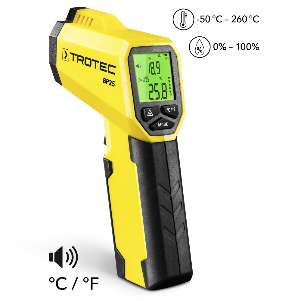TROTEC Raumthermometer Pyrometer-Taupunktscanner BP25, Infrarot, Dual-Laserpointer, Taupunkt-Alarmanzeige, Autoabschaltung