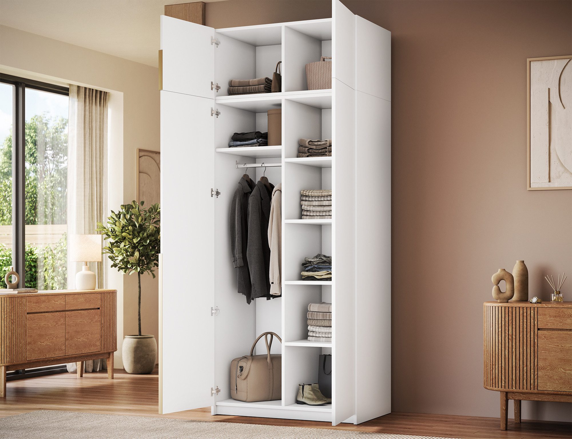 MOEBLO Drehtürenschrank Lunaro II (moderner Kleiderschrank 2-türig Schrank Garderobe Schlafzimmer, 100 cm, mit Spiegel Drehtüren Weiß Kaschmir Artisan Gold Griffe optional mit Aufsatz) (BxHxT): 100 x 204 x 58 cm