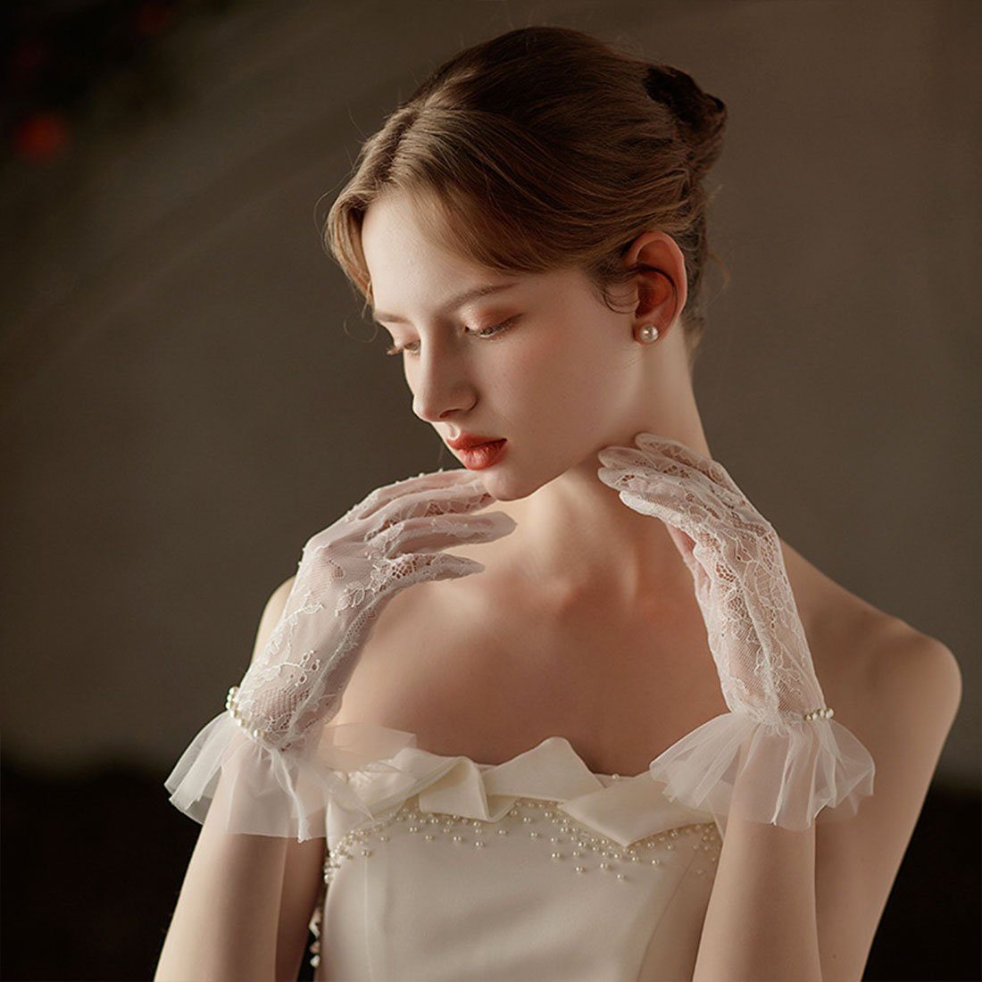 Spitzenhandschuhe Perlen französische Weiße mit Hochzeitshandschuhe, DÖRÖY Abendhandschuhe